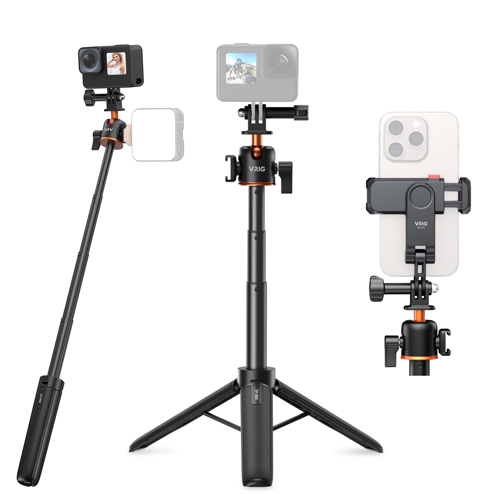Vrig 21" Extendable Selfie Stick Tripod For Gopro, 360° Ball Head, Arbitrary Angle Adjustable Compact Camera Tripods For Gopro Hero 13 12 11 10 9 8 7/Dji Action 5 4 3/Insta360 Ace Pro