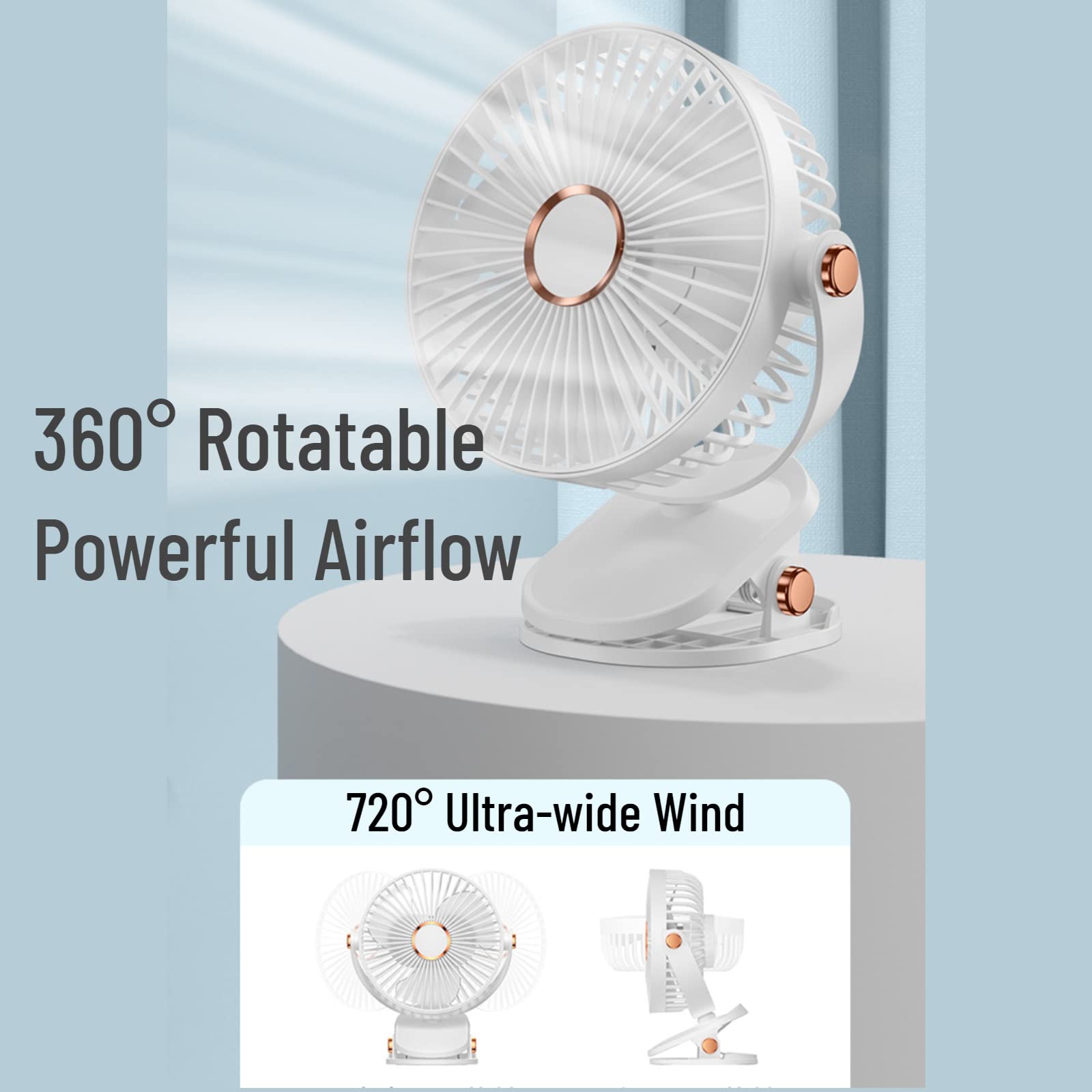 Desk Fan Clip On With Lights Usb Rechargeable 2400Mah 5 Level Speed Air Flow Portable Personal Mini