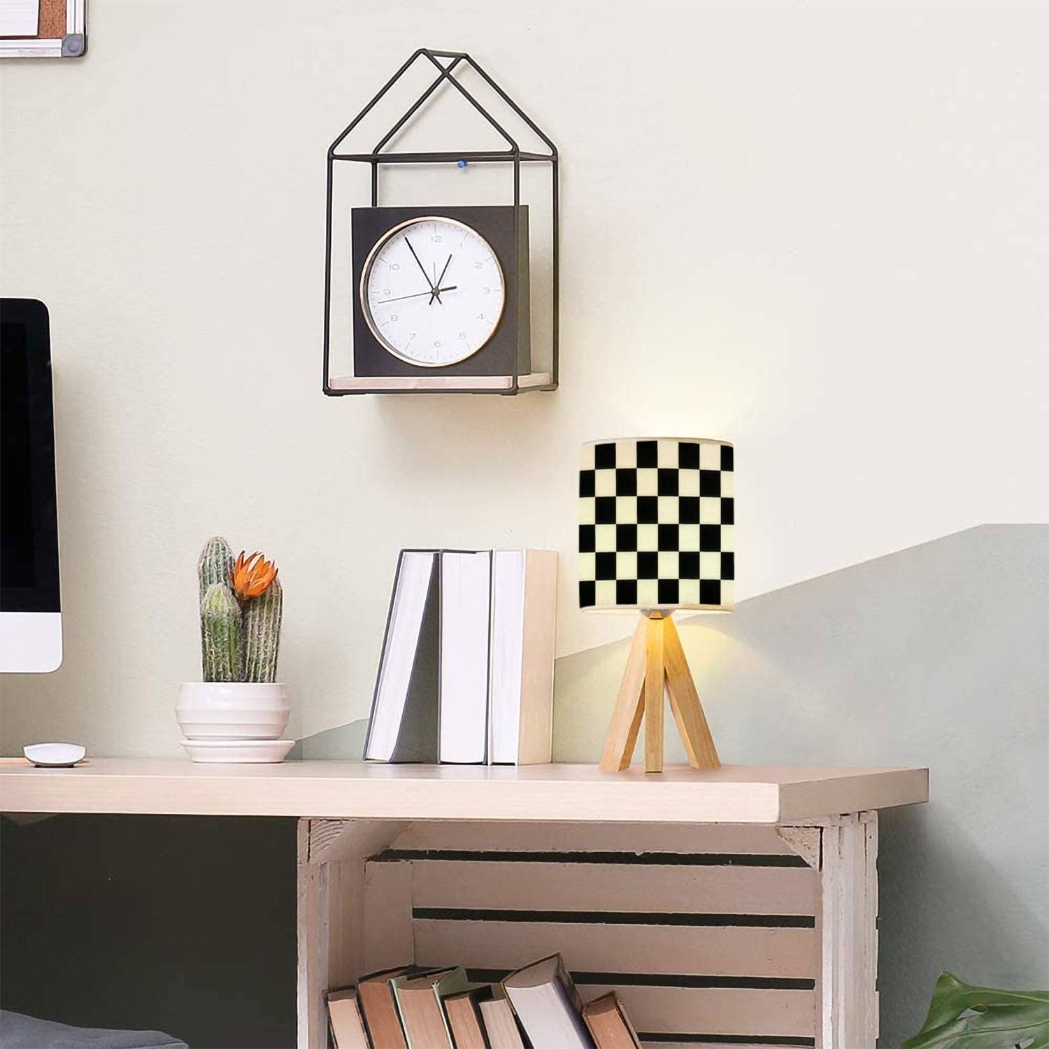 Oepwqiwepz Tripod Bedside Desk Table Lamp Black White Checkered Seamless Endless Racing Flag Texture Wood Nightstand Lamp With Linen Fabric Shade For Nursery Bedroom Living Room Kids Room