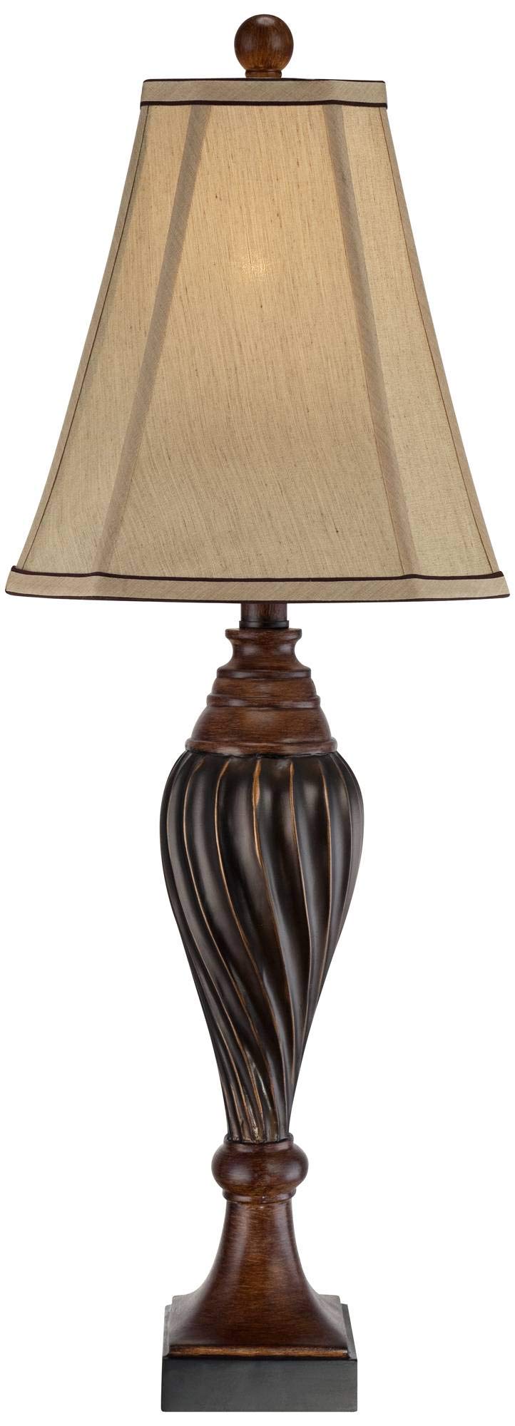 Regency Hill Traditional Style Table Lamp 28.5" Tall Carved Two Tone Brown Urn Shaped Ball Beige Fabric Rectangular Shade For Living Room Bedroom House Bedside Nightstand Home Office