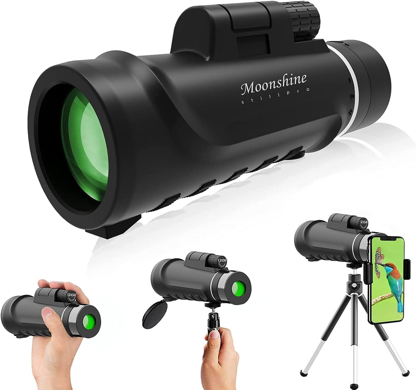 Moonshinestillpro Monocular Telescope 16X52 High-Power Monocular Telescope With Smartphone Tripod, Portable Bag - Ideal For Bird Watching, Hunting, Hiking, Camping - Large Vision