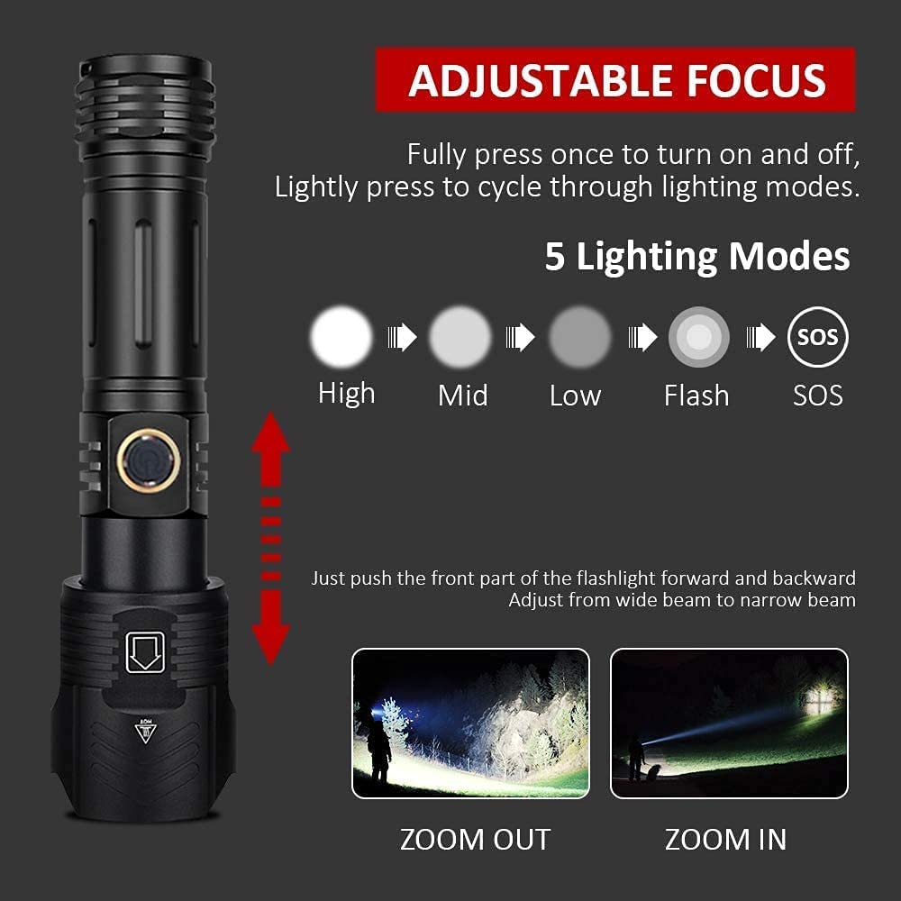 Bikacu Flashlights Rechargeable High Lumens, 1200000 Lumens Led Tactical Flashlight, Powerful Super Bright Zoomable Handhed Flash Light Waterproof 5 Modes Best For Outdoor Camping