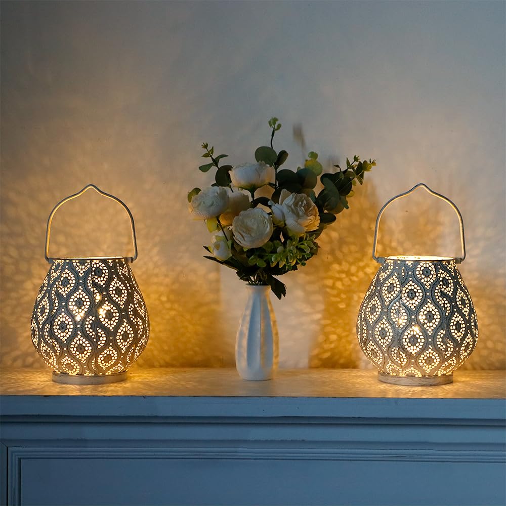 Trirocks Set Of 2 Moroccan Decorative Lamps 8'' High Battery Powered Cordless Lamp Metal Table Lamps With Fairy Lights Bulb For Home Living Room Garden Yard Party Events Tabletop Indoor Outdoor(White)