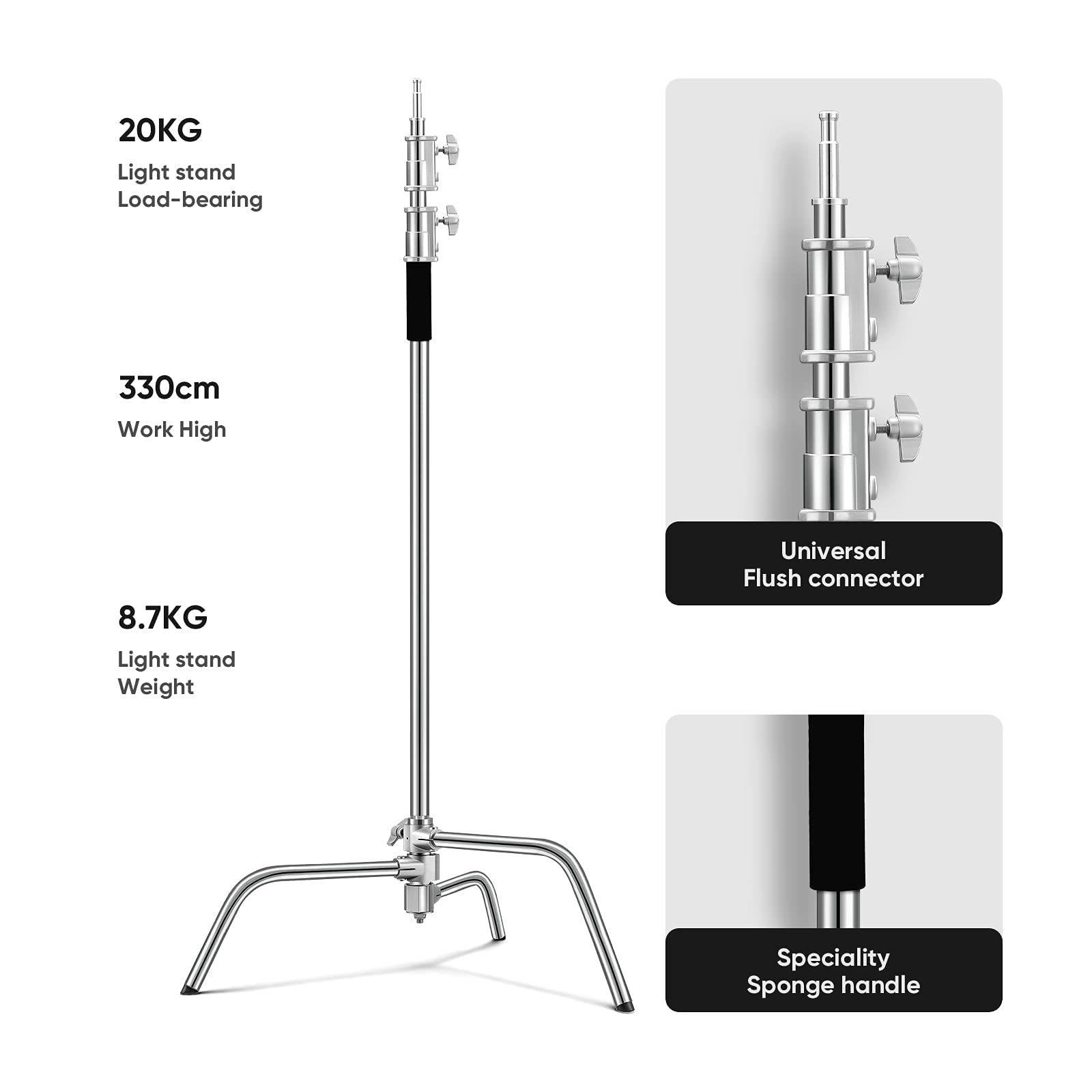 Soonpho Heavy Duty C Stand 10.8Ft/330Cm With Holding Arm Carry Bag Sandbag 3Clip 2Grip Head Stainless Steel Photography Light Stand C-Stand Sturdy For Photography Studio Video Monolight Softbox Shooting