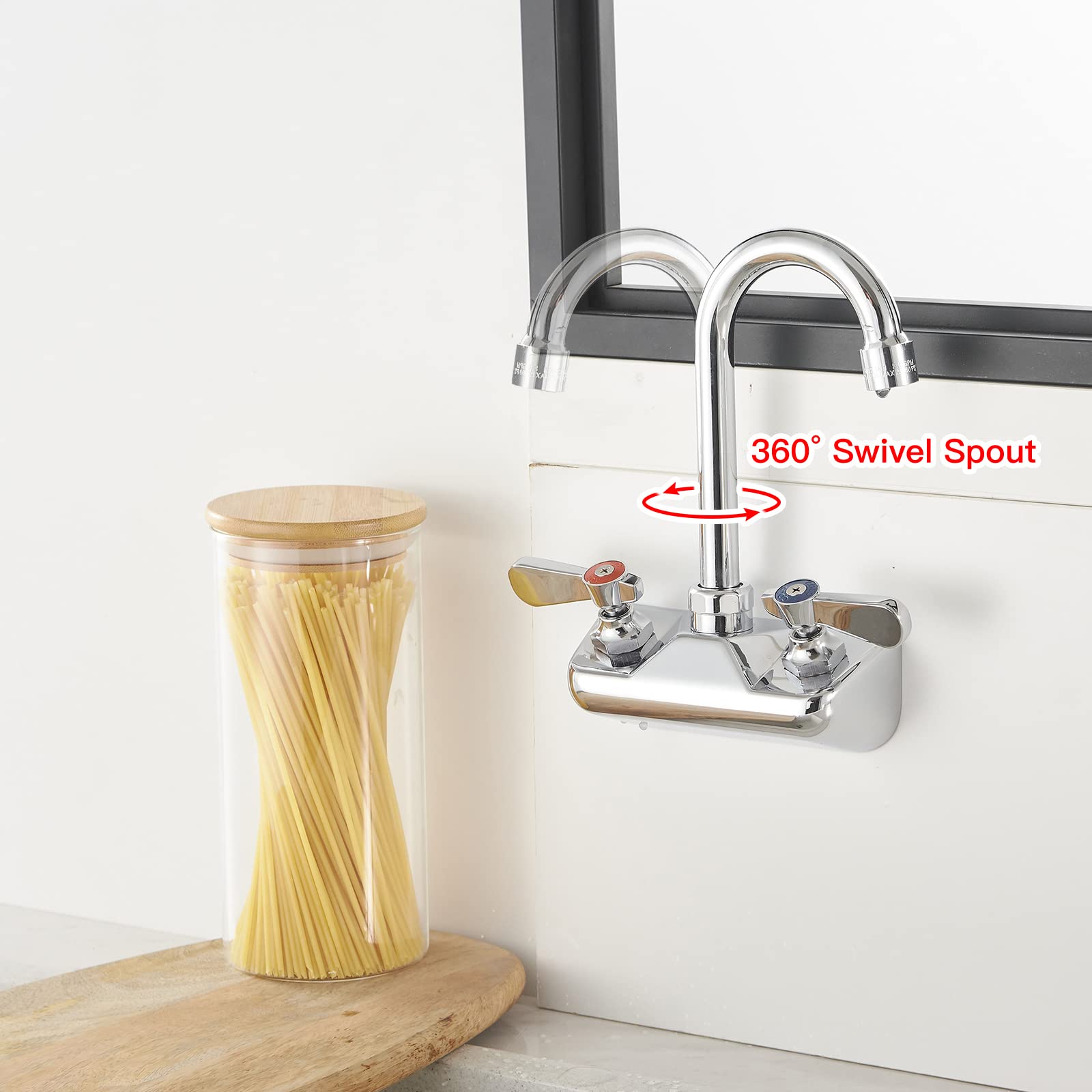 Bathfinesse Kitchen Sink Faucet Wall Mount 4" Center Commercial Kitchen Sink Faucet With 3-1/2" Gooseneck Spout Two Lever Handles Brass Constructed Mixer Tap Chrome Polished
