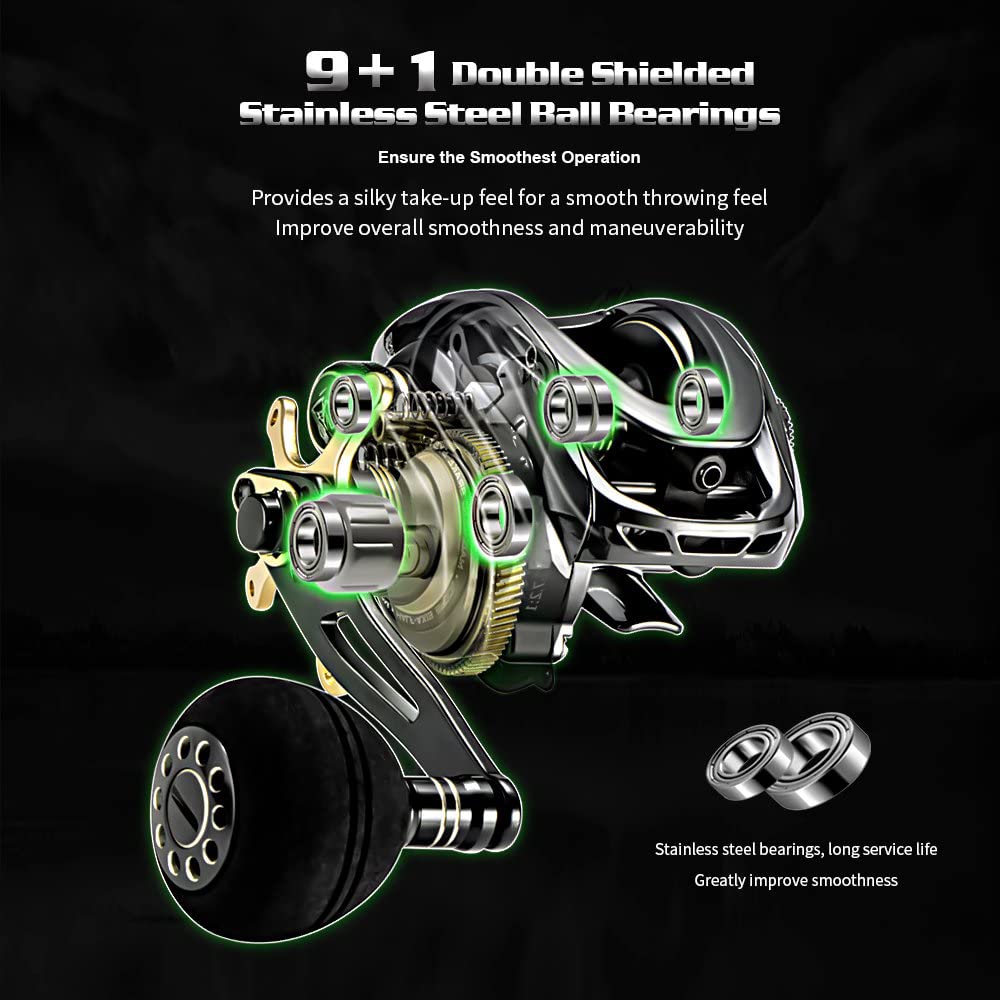 Doviello Gka300 Baitcaster Reels Left Right Hand 9+1Bb 9Kg/20Lb Drag Deep Spool Baitcasting Reel For Bass Trout Single Power Handle 6.4 Gear Ratio Baitcaster Fishing Reel