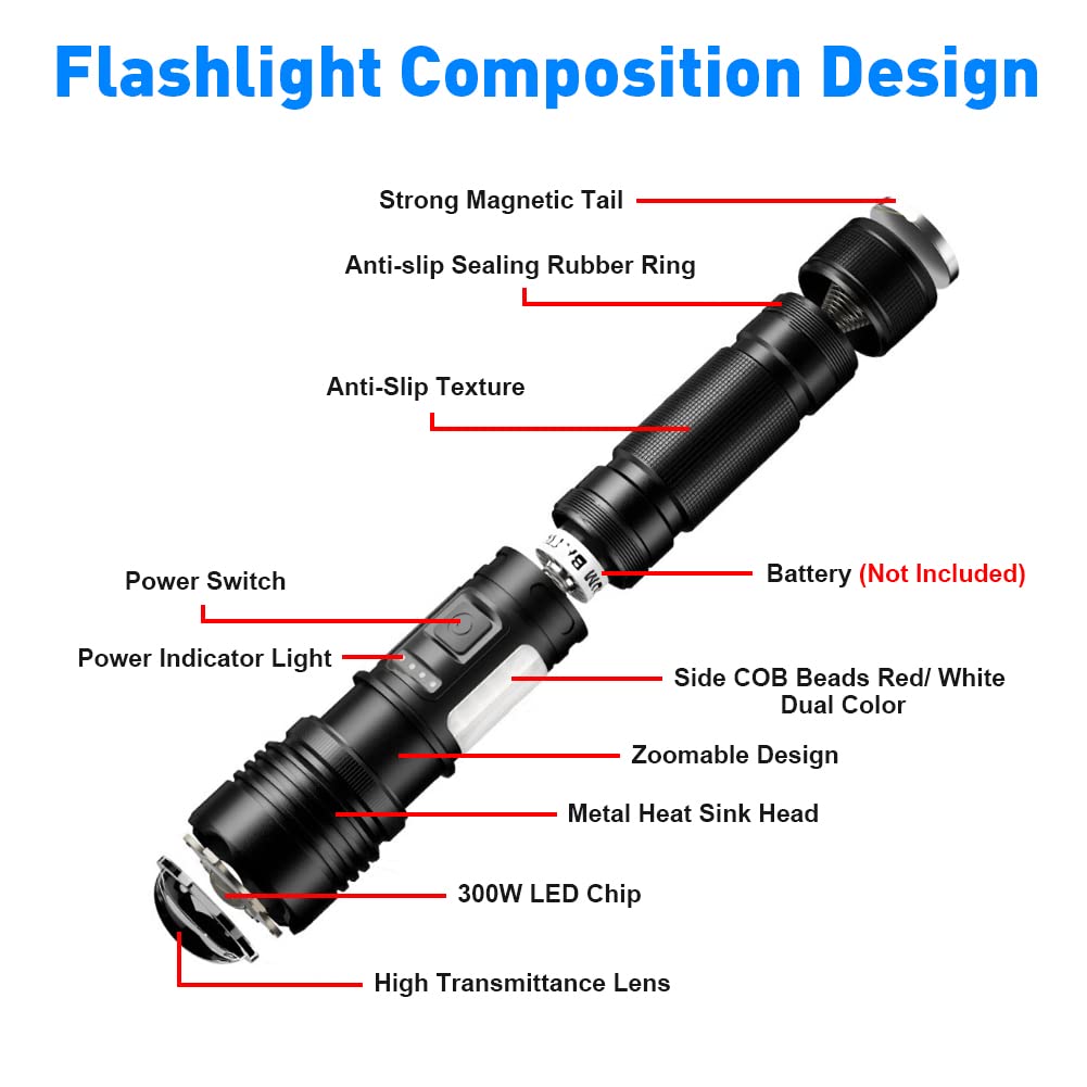 Abnaok Magnetic Rechargeable Led Flashlights, 90000 High Lumens Flashlight, 300W White Led Utility Flashlight With Cob Work Light, Zoomable, 7 Modes, Waterproof Flashlights For Emergencies, Camping