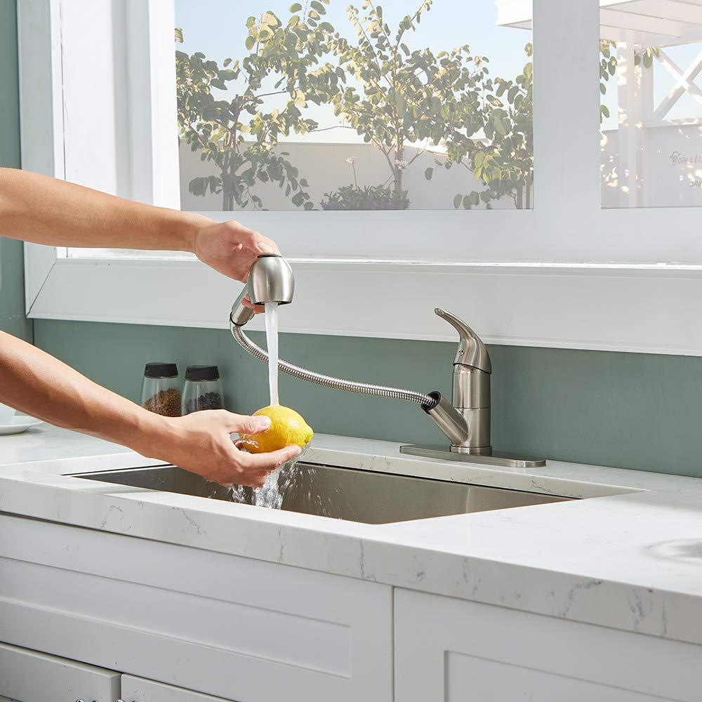 Kingo Home Modern Single Handle Stainless Steel Brushed Nickel Pull Out Sprayer Bar Kitchen Faucet,Small Kitchen Sink Faucet With Escutcheons Single Hole Kitchen Faucet