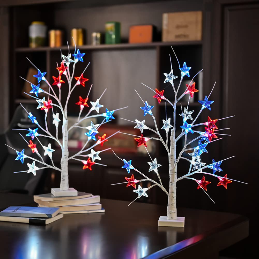 Snokip 4Th Of July Decorations, Birch Table Lamp Flag Star Tree Lights, 24”Independence Day Table Lamp For Home, Bedroom Room Office Decoration, 2 Pack, 24 Inch