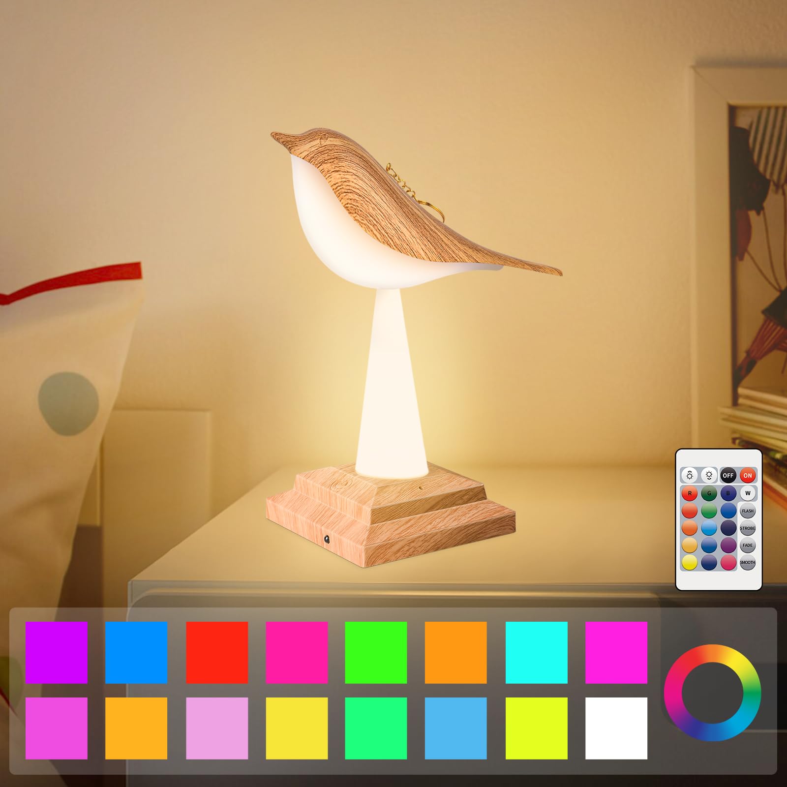 Yotozu Small Bird Touch Lamp, 16 Colors Dimmable And Cordless Bird Night Light, Usb Rechargeable Touch Or Remote Control Table And Desk Lamp With Aroma Diffuser Function For Bedroom (Yellow)