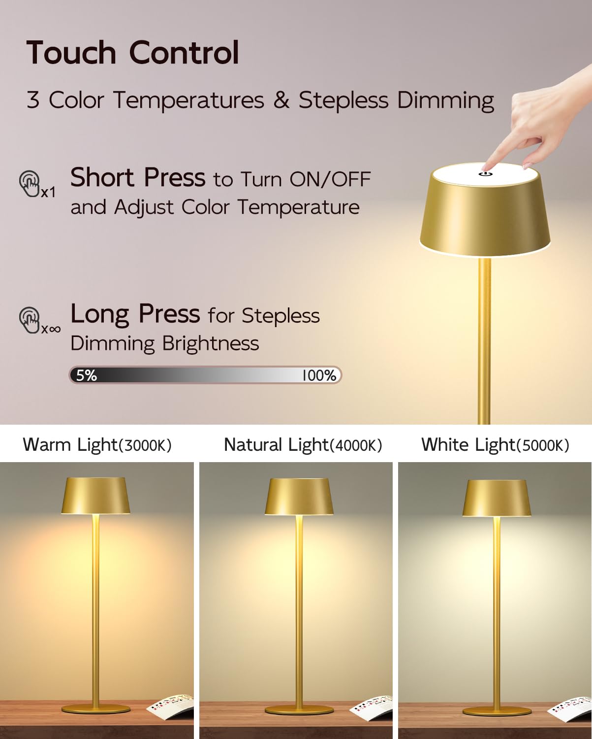 Fizrice Cordless Table Lamp Rechargeable, 5000Mah Battery Operated Touch Lamp, Portable Led Desk Lamp, 3 Color Stepless Dimmable Wireless Lamp For Bedroom Couple Dinner Side Table Patio Restaurant