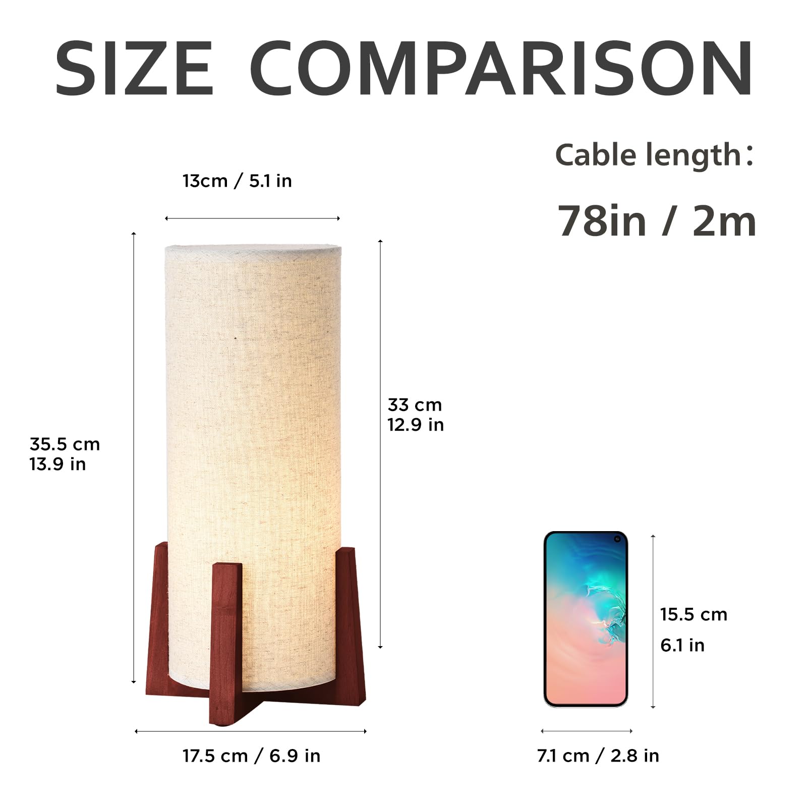 Kunjoulam Modern Small Table Lamps, Nightstand Lamp With Linen Fabric Shade, 13.9" Cylinder Bedside Table Lamp For Bedroom, Cafe, Living Room Home Decor