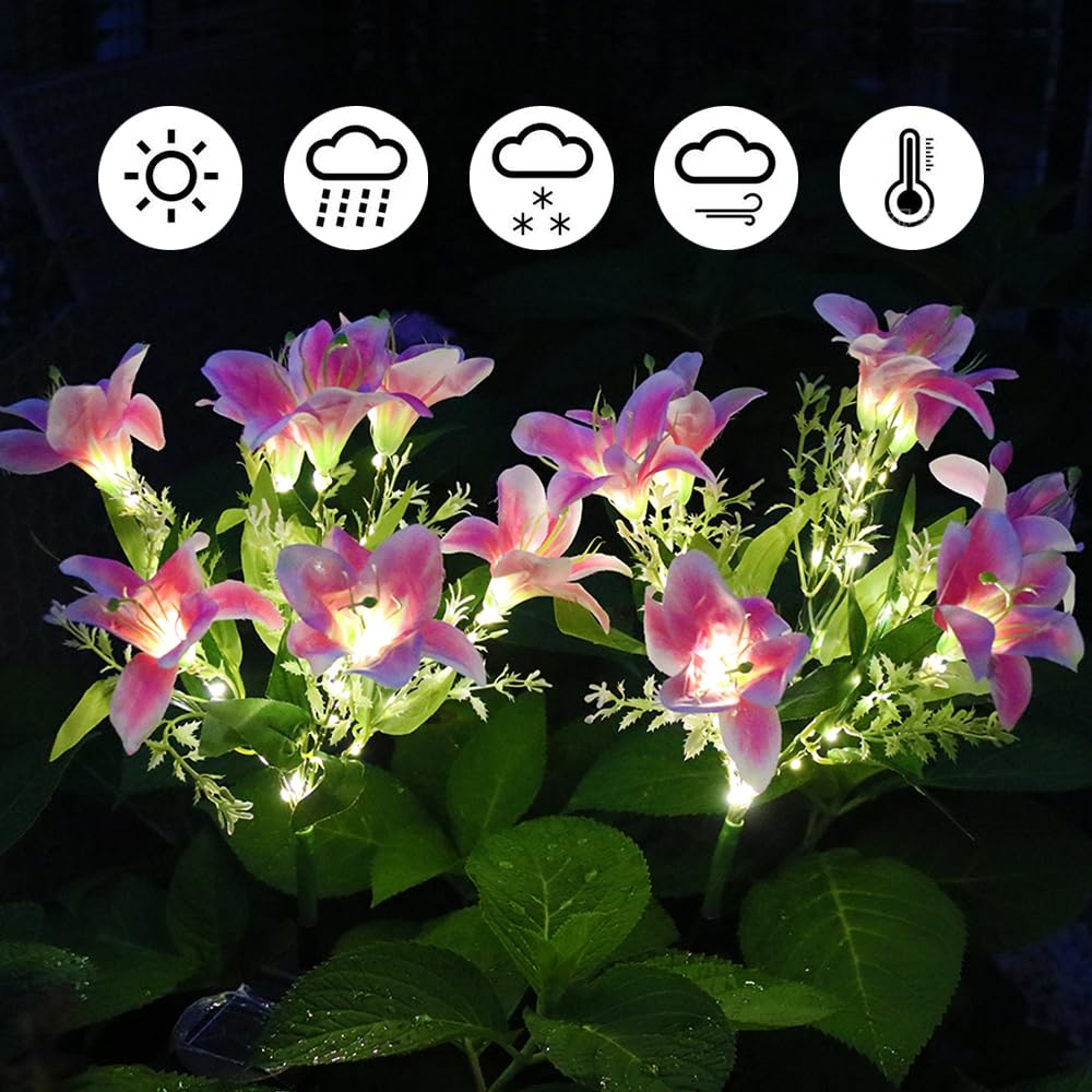 Guocheng Lily Flower Solar Lights Outdoor Garden, 2 Pack Led Solar Flower Lights With Lifelike Lily, Waterproof Solar Stake Lily Lights For Courtyard Pathway Flowerbed Lawn Decor(Pink)
