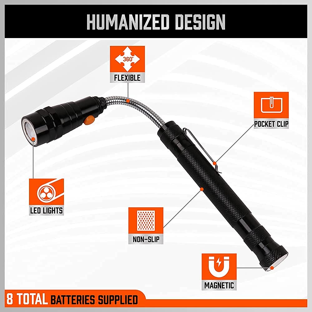 Horusdy 3-Piece 16Lb Telescopic Magnet Stick, Led Flashlight, 360 Swivel Adjustable Inspection Mirror, Diy, Automotive, Household Use