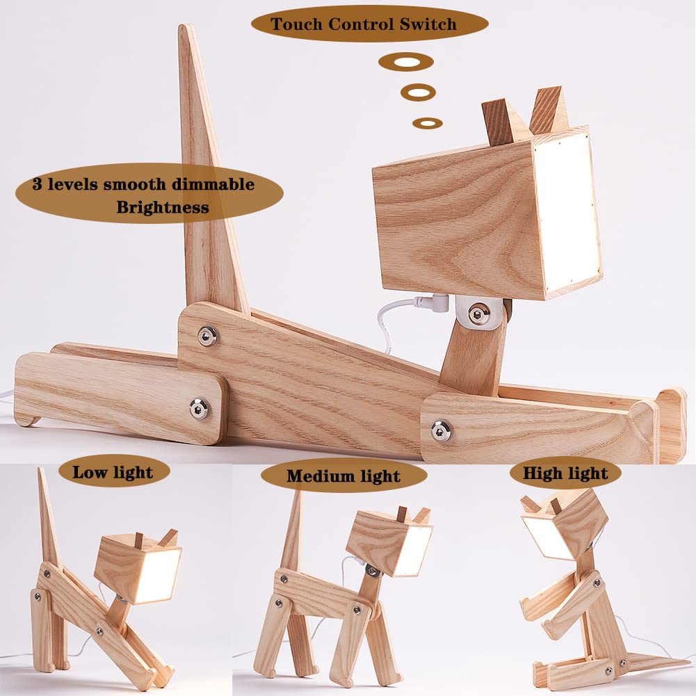 Hroome Unique Bedside Table Lamp Cat Adjustable Body Fun Wooden Desk Lamp With Dimmable Touch Switch Warm White Light For Kids Room, Living Room, Boy'S Girl'S Bedroom, College Dorm, Bookcase