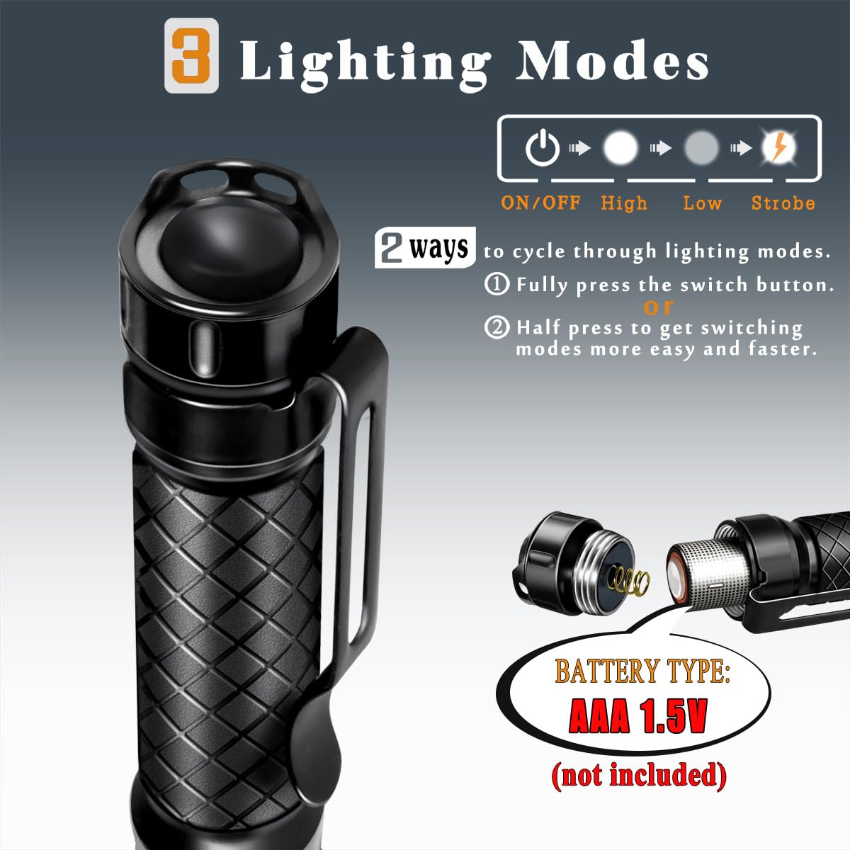 Ansyper Cc Mini Flashlight 3 Modes Small Flashlights Led Powerful High Lumens Tactical Pen Light With Clip,Slim Portable Pocket Compact Torch For Emergency Inspection Aaa Battery Water-Resistant(3.4 & 5.2 Inch)
