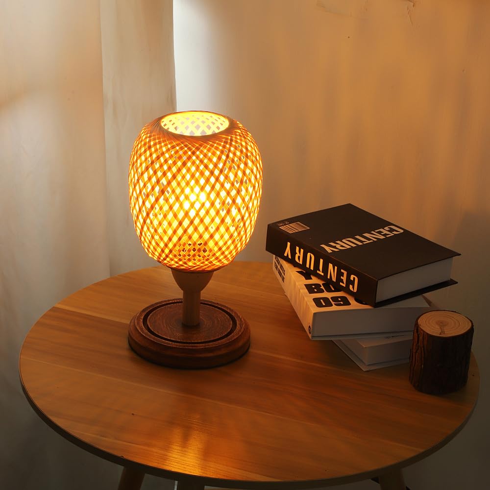 Vintopsh Bamboo Rattan Table Lamp,Boho Farmhouse Bedside Desk Light Fitting For Bedroom Living Room Desk Kids Room