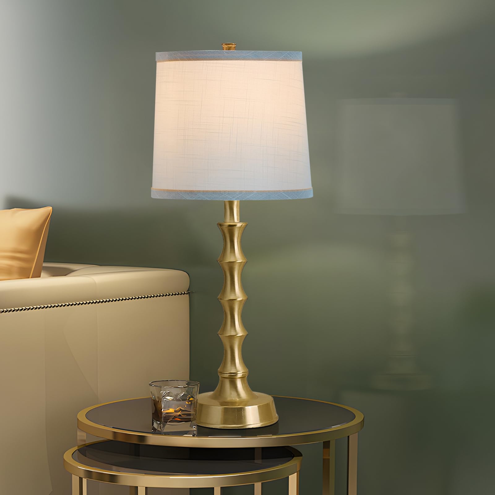 Hgnpjc Set Of 2 Gold Table Lamps, 24" Electroplated Gold Bamboo Base With White Linen Shade, Compact Nightstand Lamps For Bedroom, Living Room, Office Decor