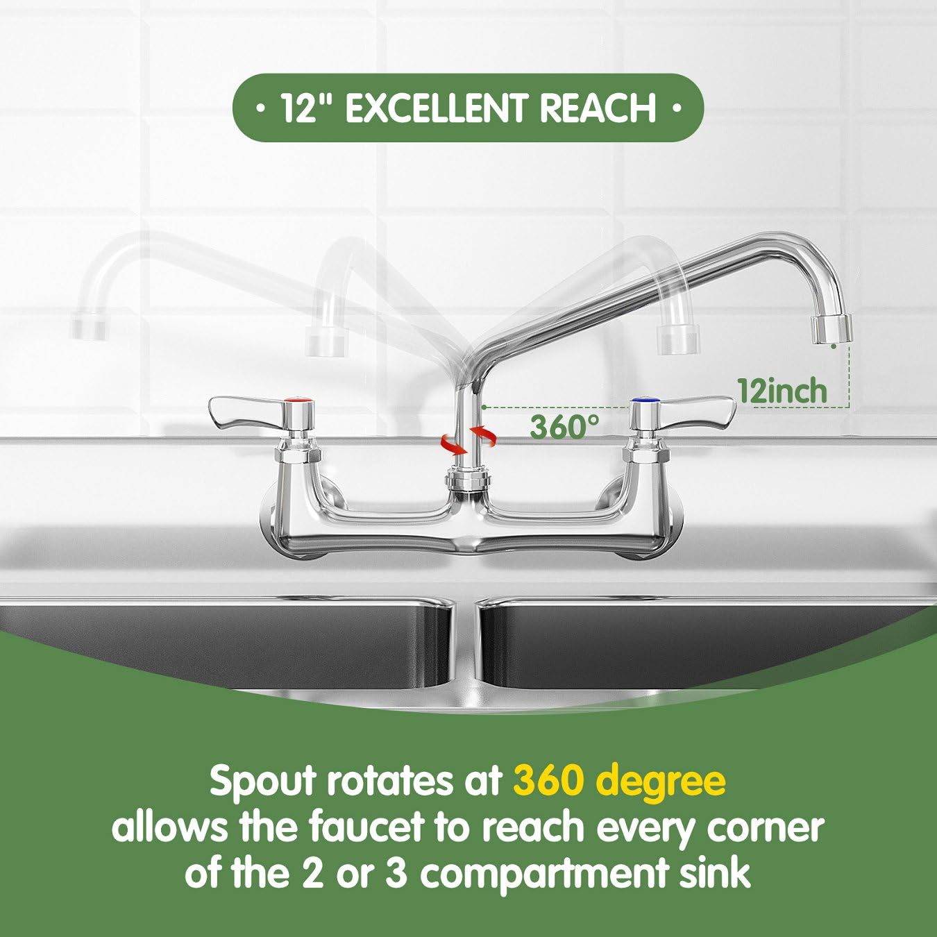 Tolsuny Wall Mount Kitchen Faucet, Commercial Sink Faucet With 12-Inch Swivel Spout, Brass Dual Handle Utility Laundry Faucet, Chrome Gooseneck Spout, For Laundry Room Restaurant Compartment Sink