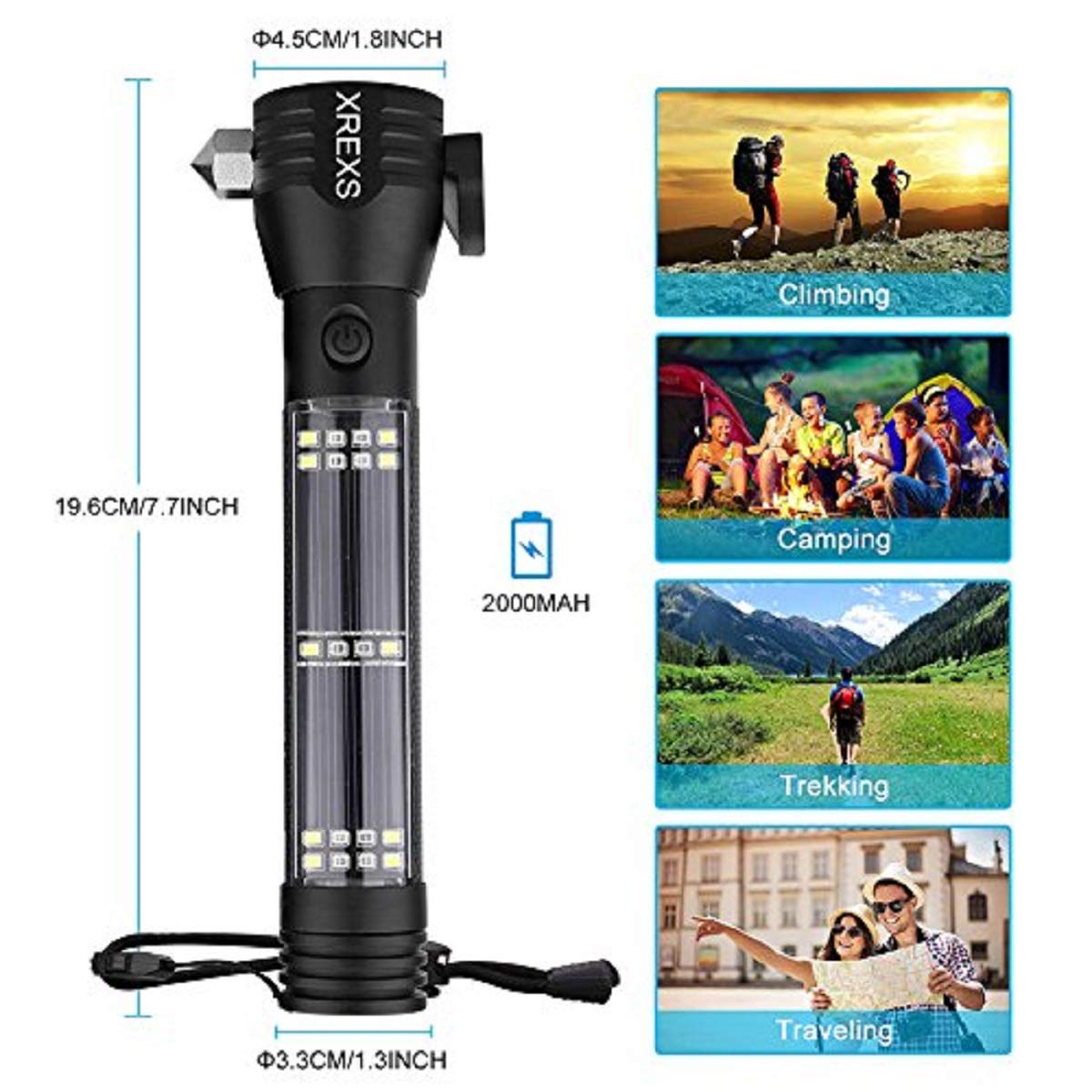 Xrexs Solar Powered Led Car Flashlight Multi-Function Solar Escape Rescue Flashlight, Usb Charger And Solar Charger, Portable Flashlight For Hiking, Camping, Traveling
