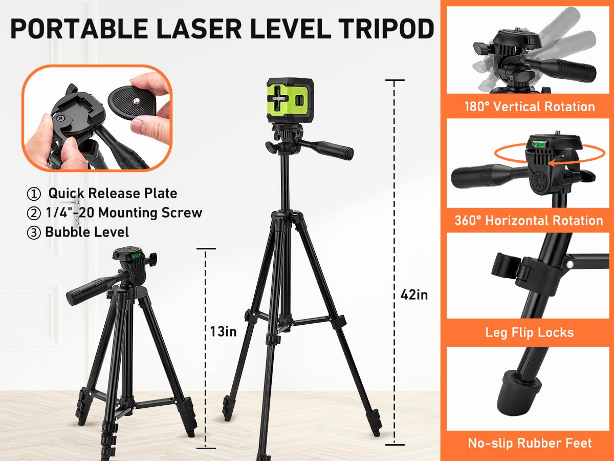 Polarduck Laser Level Tripod Phone Stand: 51-Inch 130Cm Aluminum Lightweight Tripod With 1/4" Screw Mount And Bubble Level For Rotary And Line Lasers Measuring Tools, Carry Bag Included Matte Black