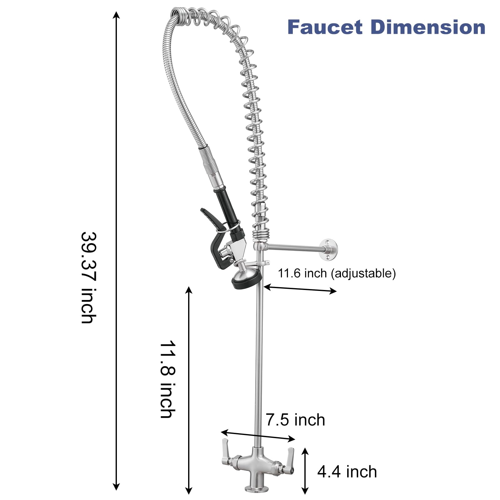 Bathfinesse Commercial Sink Faucet Kitchen Faucet With Sprayer, 39" Height Deck Mount Single Hole Double Handle Coiled Spring Pull Down Spray Faucet Pre Rinse Restaurant, Brushed Nickel