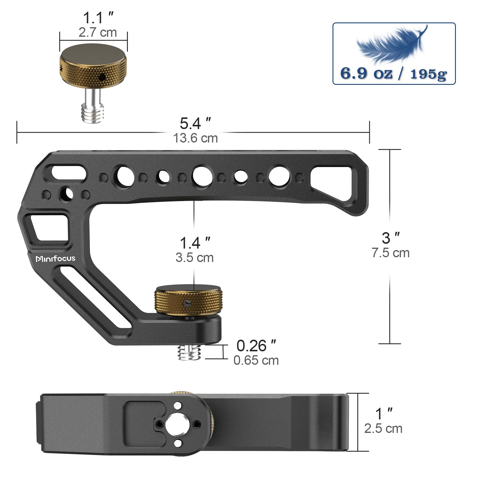 Minifocus Top Handle With 3/8"-16 Locating Pins, Universal Camera Handgrip With 5 Cold Shoe Mount For Microphone, Led Light, Monitor, 1/4", 3/8" Threaded Holes With Locating Pins For Arri Grip