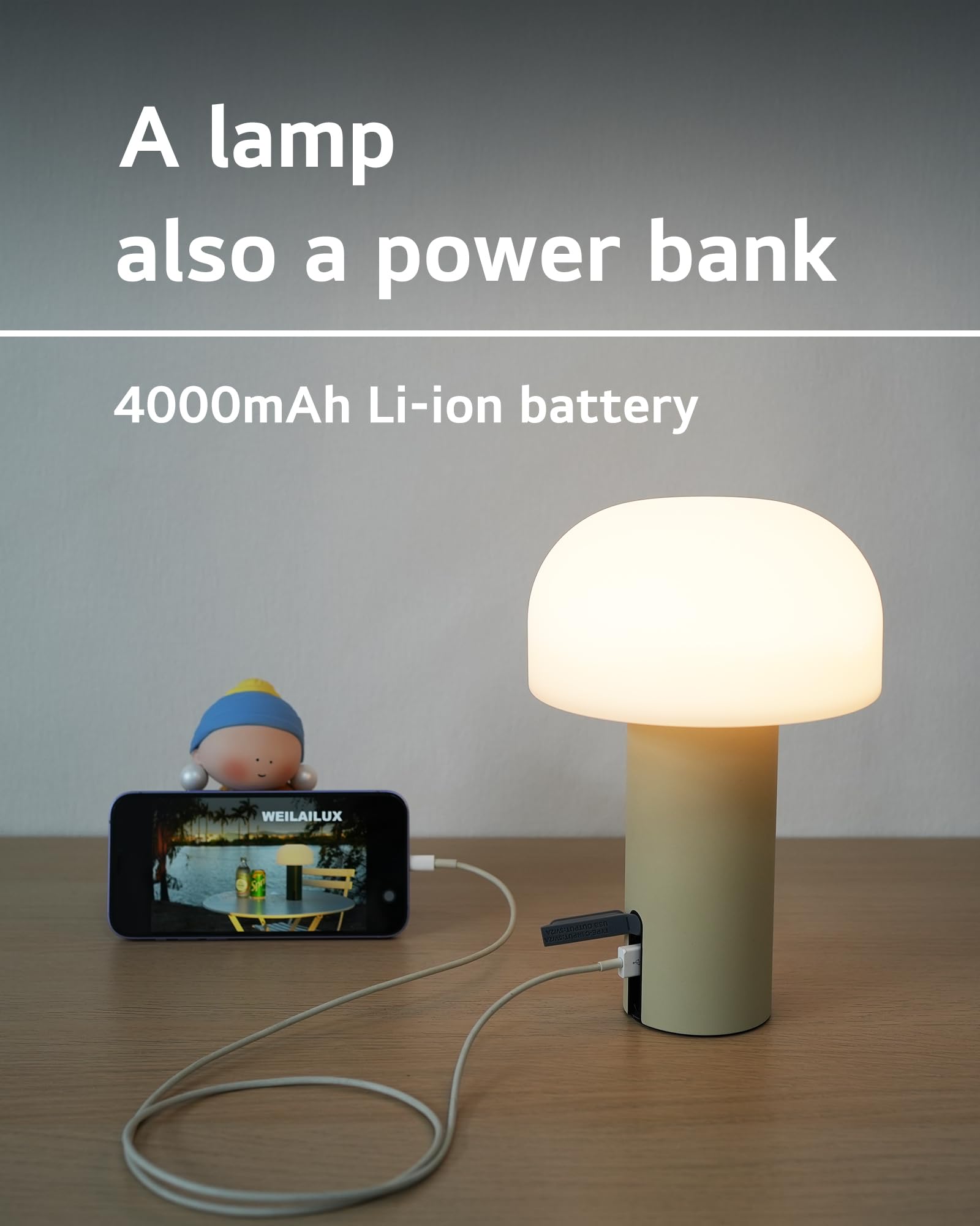 Weilailux Cordless Mushroom Table Lamp, Waterproof Shower Lamp, Battery Operated Table Lamp Rechargeable, Touch Dimmable Night Light For Bedroom/Patio/Camping/Dinning/Outdoor (Khaki)