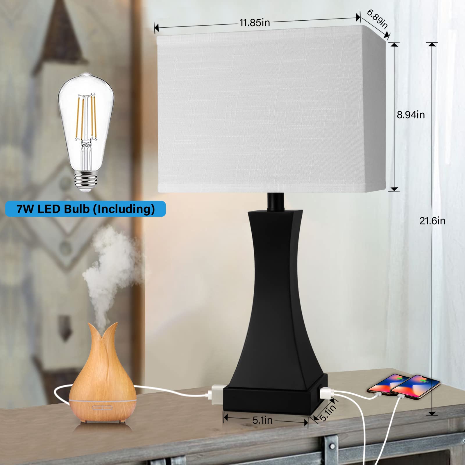 Oyedis Table Lamp For Bedroom 3-Way Dimmable Touch Control Bedside Lamp With Usb A+C Port & Ac Outlet 21.6" Tall Nightstand Lamp For Living Room Office And Hotel Bulb Included