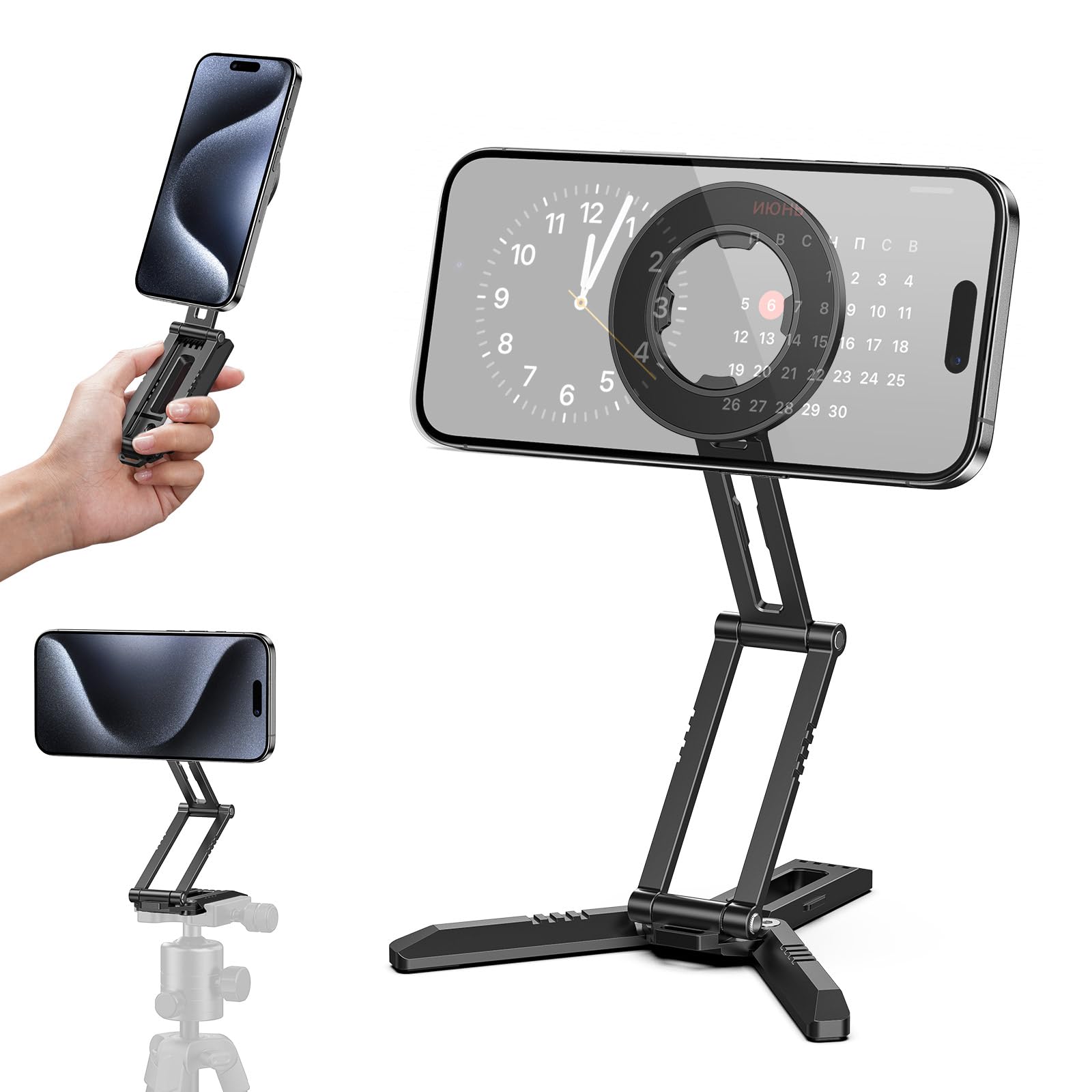 Camolo Geek Magnetic Pocket Phone Tripod Foldable Compatible With Magsafe For Iphone 16/15/14/13/12 Plus Pro Max Series, Mg03 Pro Aluminium Smartphone Mini Tripod Cell Phone Stand Magnet Quick Mount