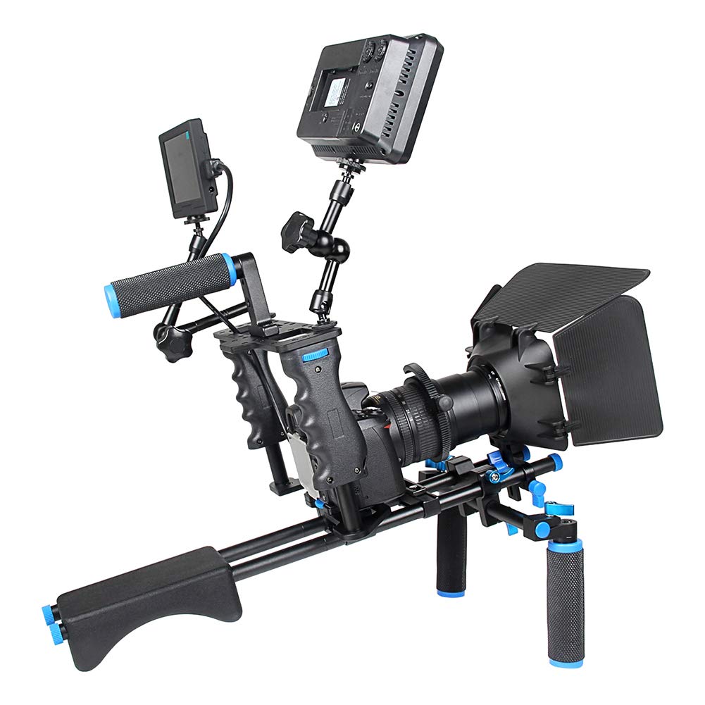 Fydun Shoulder Rig Stabilizer Kit, Aluminum Alloy Camera Stabilizer Cage With Top Handle Follow Focus Rods Shoulder Rig 1/4 3/8 Screw