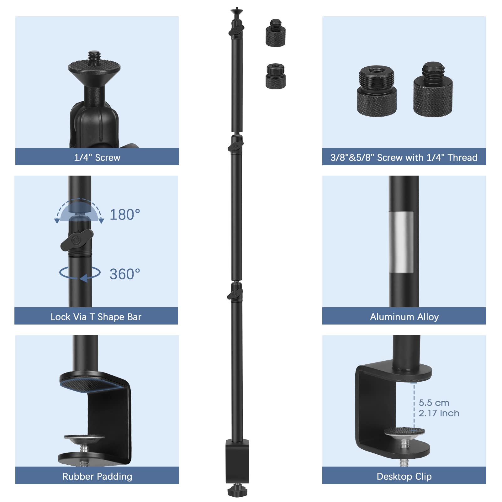 Tinpops Overhead Camera Desk Mount Stand, Webcam Stand Microphone Boom Arm Stand With 1/4“ 3/8" 5/8" Screw For Dslr Camera Photography/Videography/Live Streaming/Photo Shooting/Broadcast