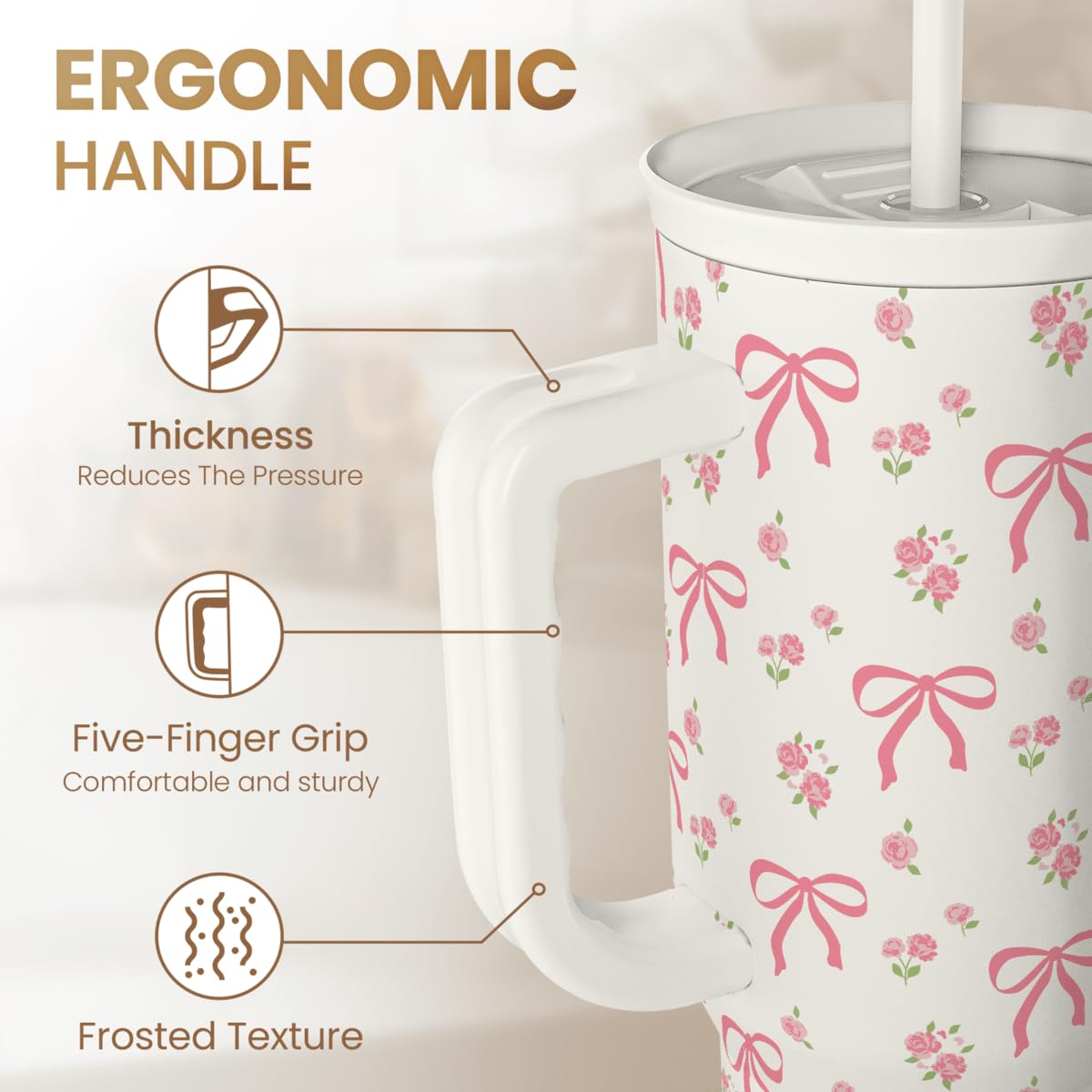 Sandjest Bow Tumbler With Handle 40Oz, Stainless Steel Insulated Tumblers Coffee Travel Cup