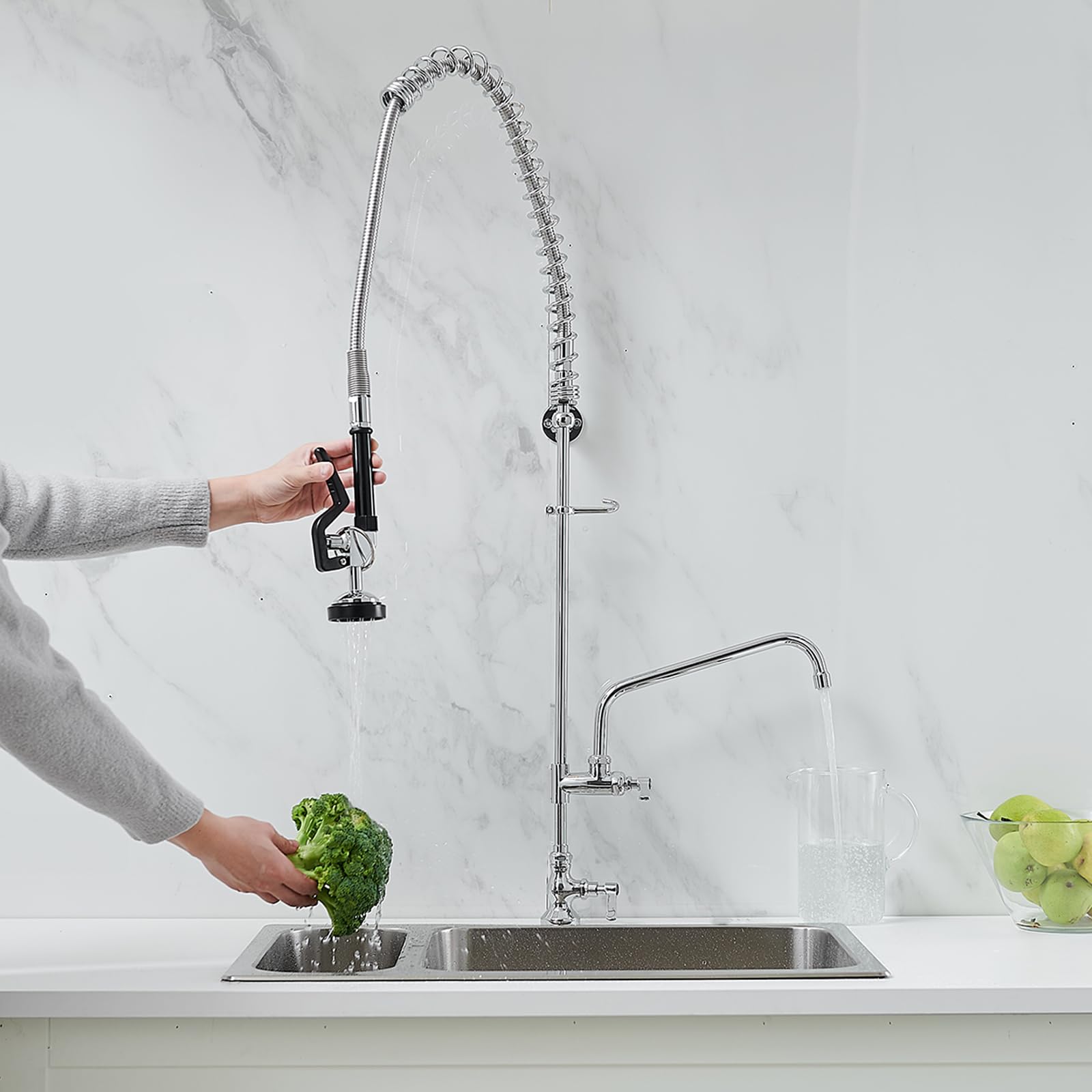 Bathfinesse Commercial Sink Faucet With Sprayer 43" Height Deck Mount 1 Hole Single Handle Coiled Spring Pull Down Spray Pre Rinse Restaurant Kitchen Faucet With High Pressure Spray Valve