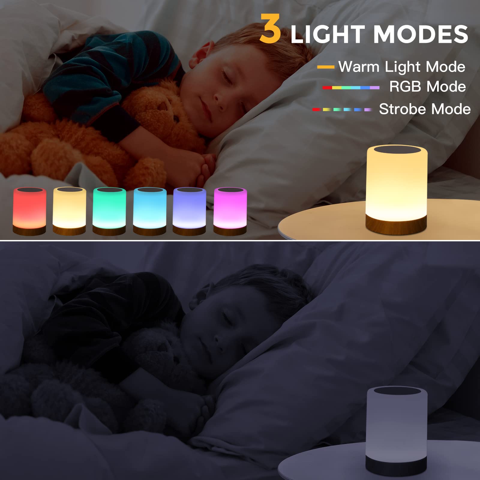 Inflelos Night Light Touch Lamp, Led Table Lamp Bedside Lamp Rgb Table Lamp Bedroom Lamp With Touch Sensor, Portable Desk Lamp Built-In Battery Rechargeable Dimmable, 3 Intensity White Warm Light.