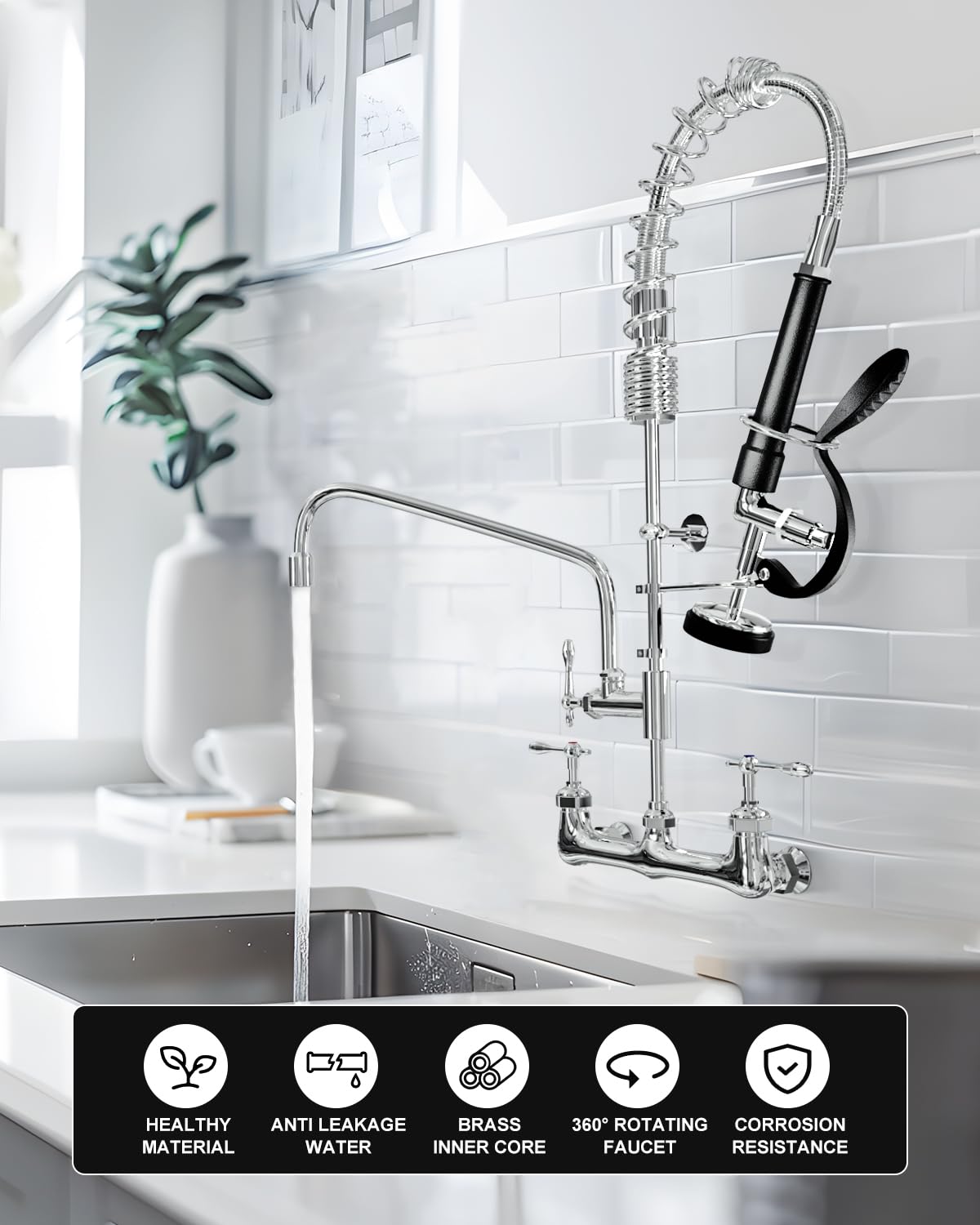 Qanbain Commercial Sink Faucet,Commercial Faucet With Sprayer Adjustable Center Wall Mounted Restaurant Faucets,12" Spout Andpull-Down Pre-Rinse 25” Height Suitable For 1, 2 Or 3 Sinks