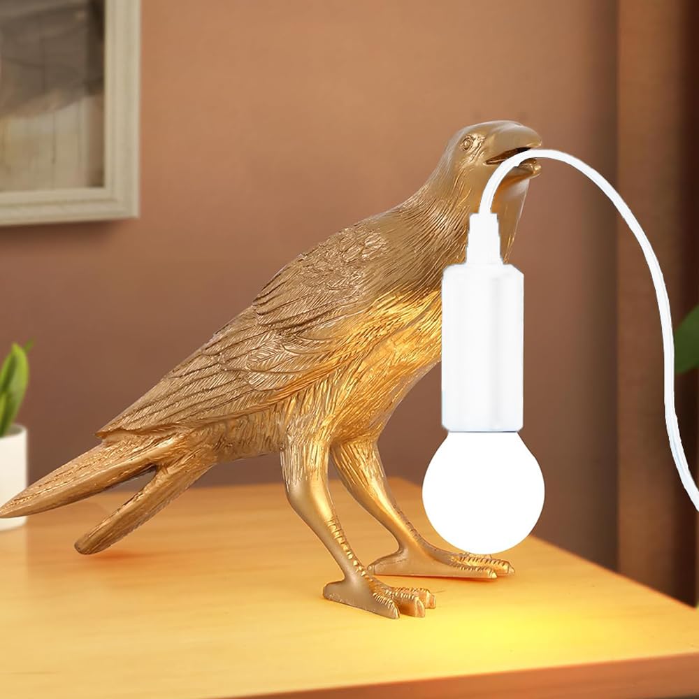 Kodbpj Raven Table Lamp - Art Vintage Resin Bird Lamp - Raven Light Birds Table Light For Bedside Bedroom Living Room Decor Black,Bulb Dimmable Included (Gold)
