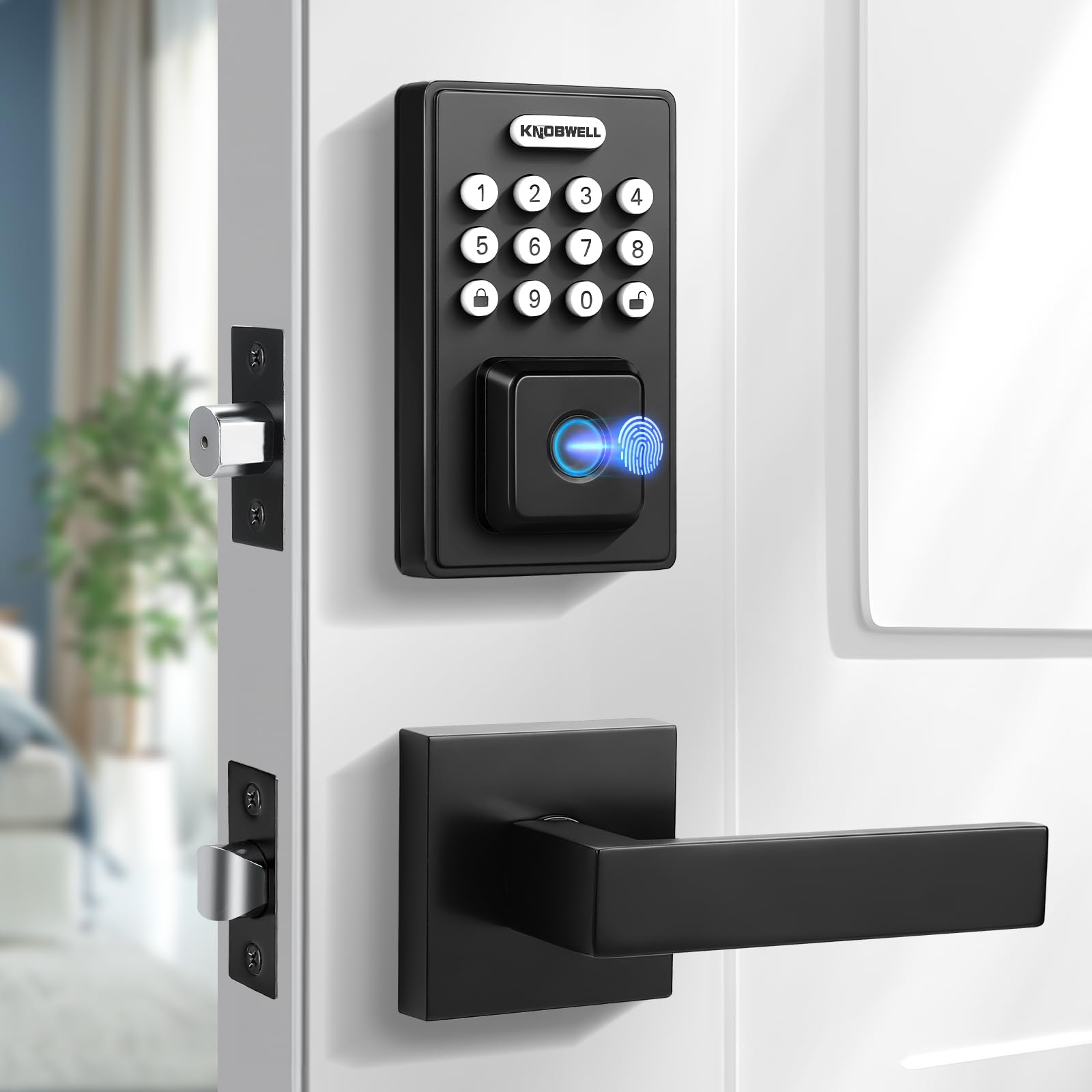 Knobwell Smart Fingerprint Door Lock With Lever Handle, Keyless Entry, Biometric Keypad, Electronic Deadbolt Lock，Matte Black