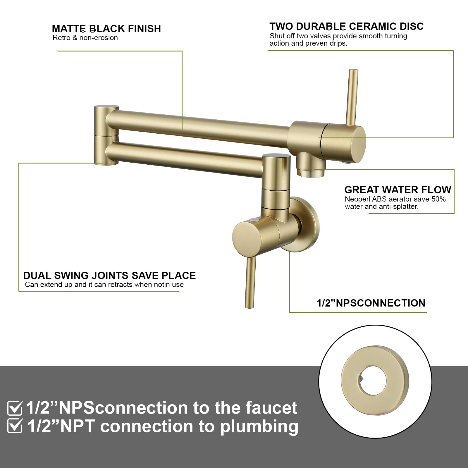 Trjikag Brushed Gold Faucet For Kitchen Sink,Kitchen Faucets Pot Filler Folding Commercial Brass Kitchen Faucet With Two Handles & Joint Swing Arms For Sink Stove