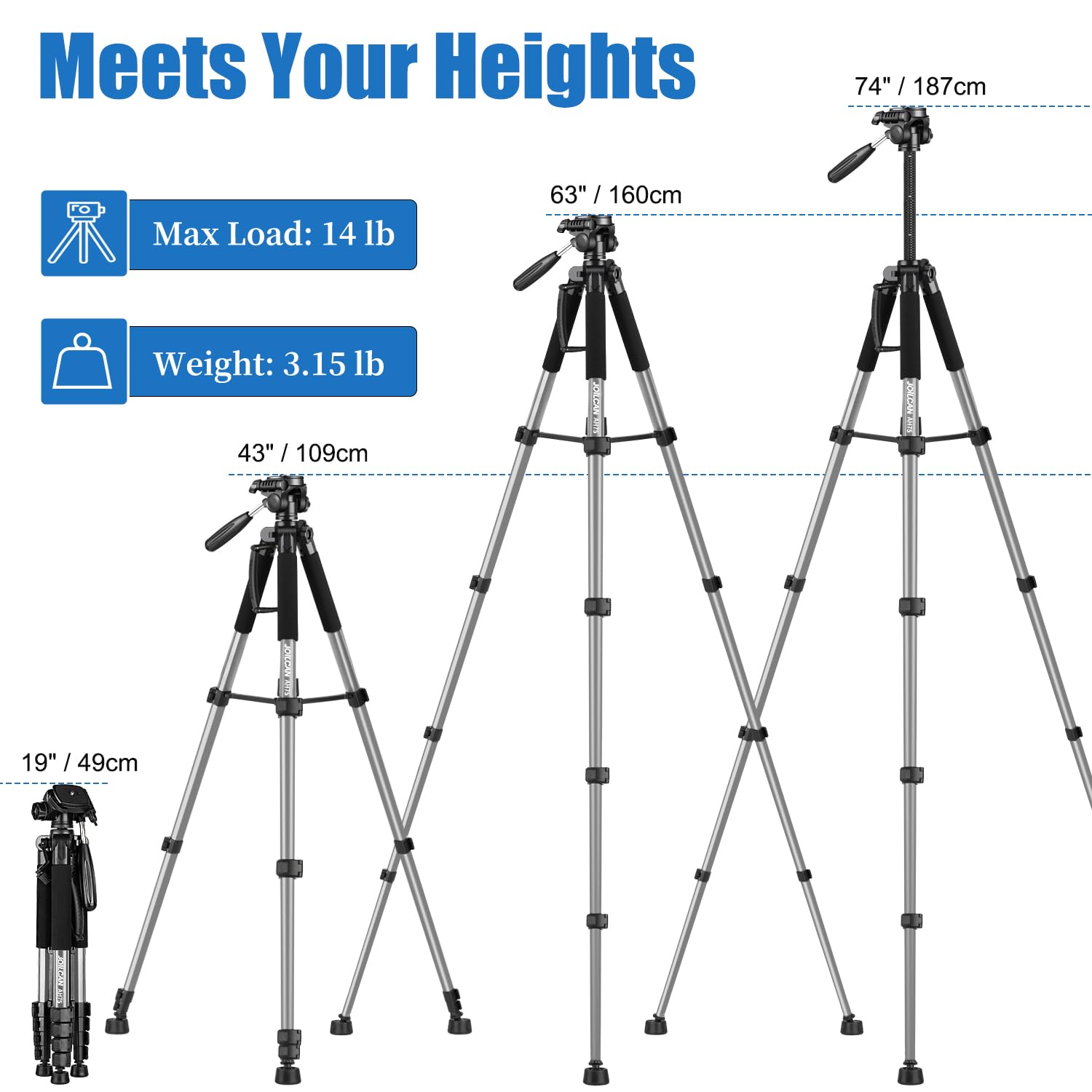 Joilcan Tripod Camera Tripods, 74" Tripod For Camera Cell Phone Video Recording, Heavy Duty Tall Camera Tripod Stand, Professional Travel Dslr Tripods Compatible With Canon Iphone