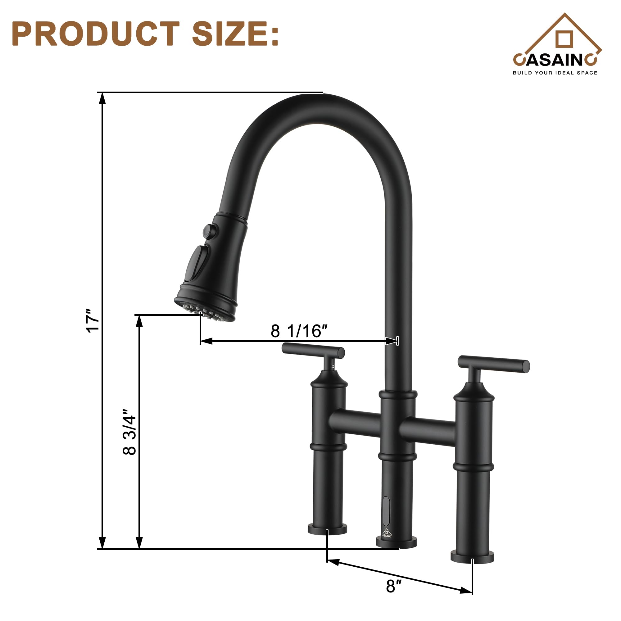 Casainc Bridge Kitchen Faucet, Motion Sensor Kitchen Faucet For Sink 1/3 Hole Matt Black Kitchen Sink Faucet, Doublehandle 8 Inch Centerset Bridge Faucet For Kitchen/Rv/Patio Sink Remodel
