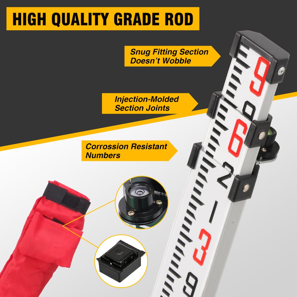 Mountlaser Lightweight Aluminum Surveying Tripod 62.2" With 5/8-Inch 11-Threaded Flat Head And Dual Lock，9 Ft Dual Sided Telescopic Aluminum Grade Rod For Precise Construction Measurement,Land Surveying