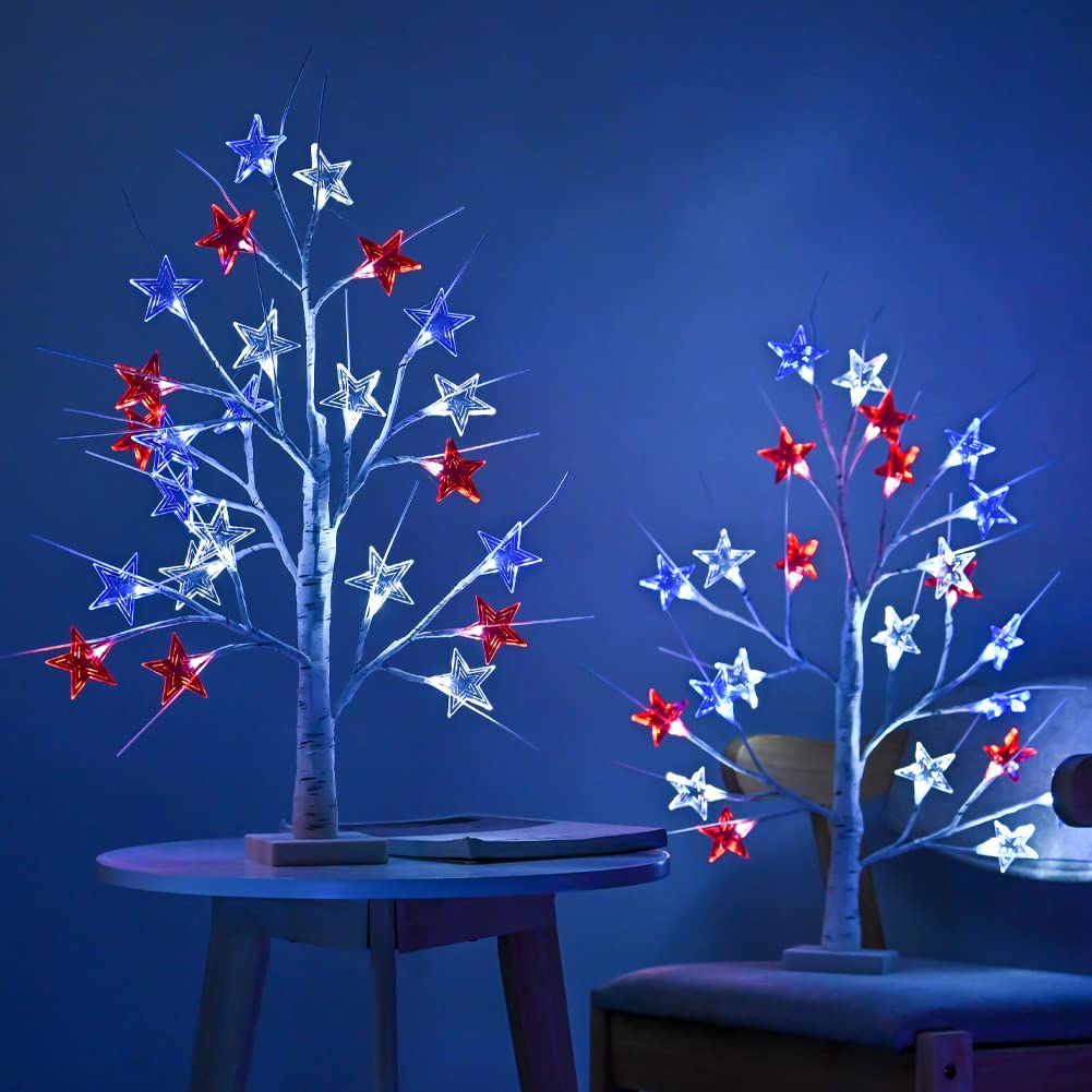 Snokip 4Th Of July Decorations, Birch Table Lamp Flag Star Tree Lights, 24”Independence Day Table Lamp For Home, Bedroom Room Office Decoration, 2 Pack, 24 Inch