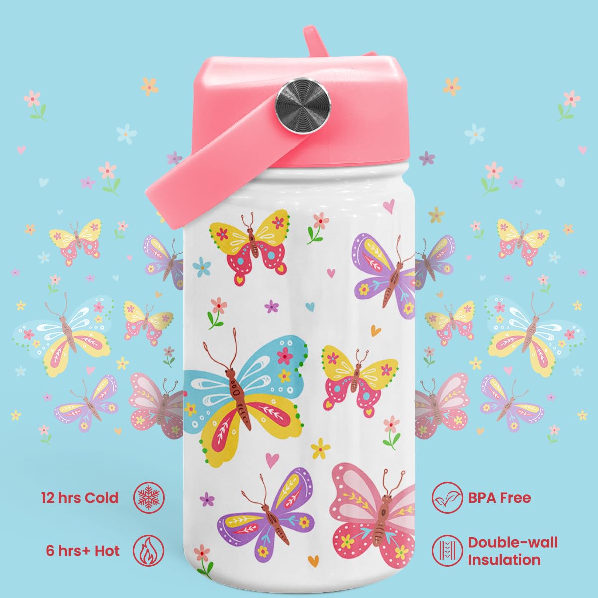 Kids Water Bottle With Straw Lid - 12 Oz Insulated Stainless Steel Water Bottles