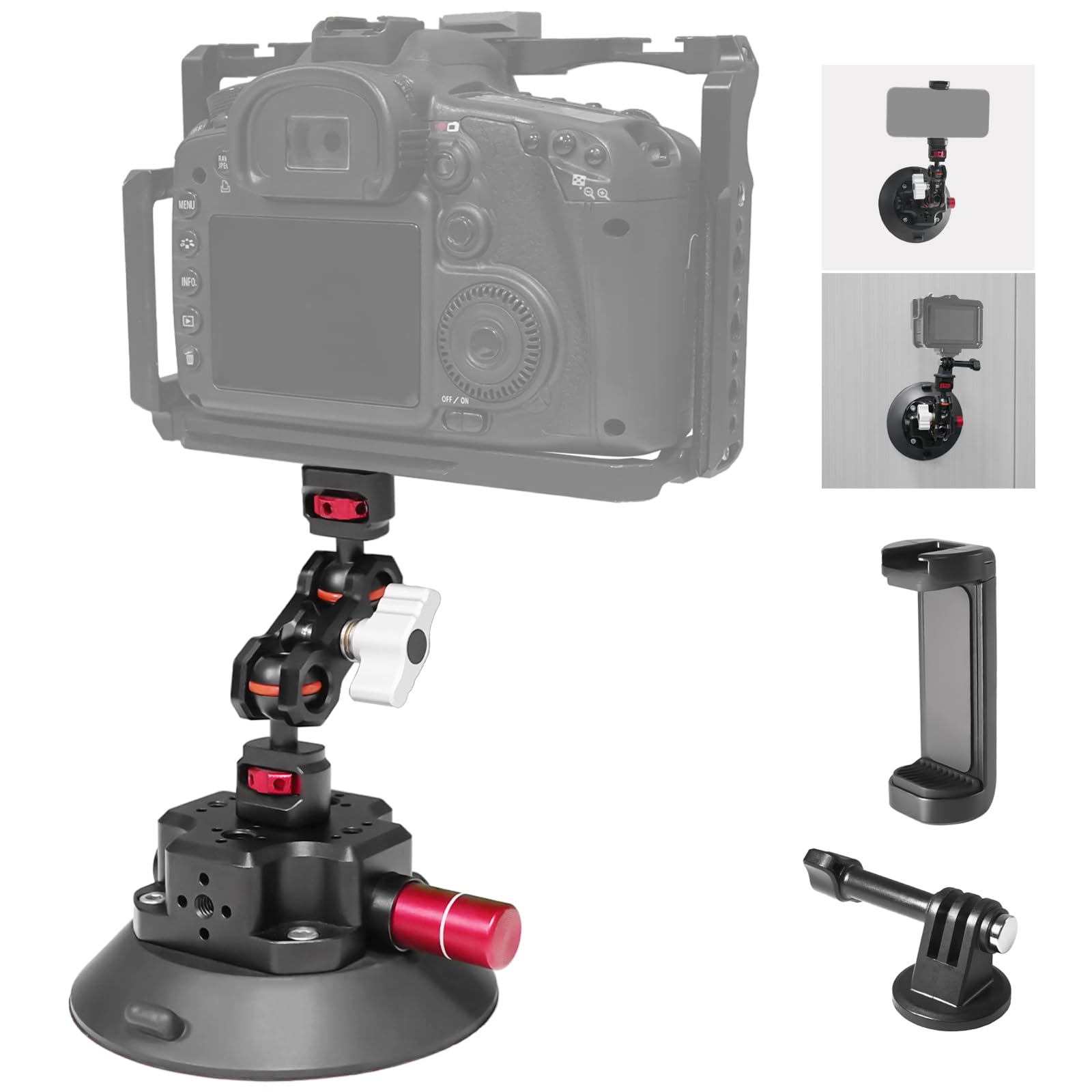 Fifield 4.5In Camera Suction Cup Phone Mount With Ball Head Magic Arm, Quick Release Car Mount For Action Camera Phone Dji Insta360, Air Pump Vacuum Suction Cup, 1/4" 3/8" Arri Holes
