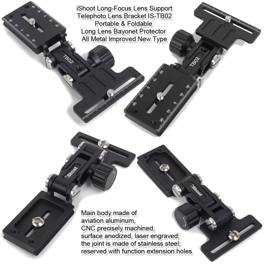 Ishoot Metal Foldable Long Focus Lens Support Stand, Retractable Telephoto Zoom Lens Bracket Holder Bayonet Protector With Camera Quick Release Plate Compatible With Arca-Swiss Fit Tripod Head Clamp