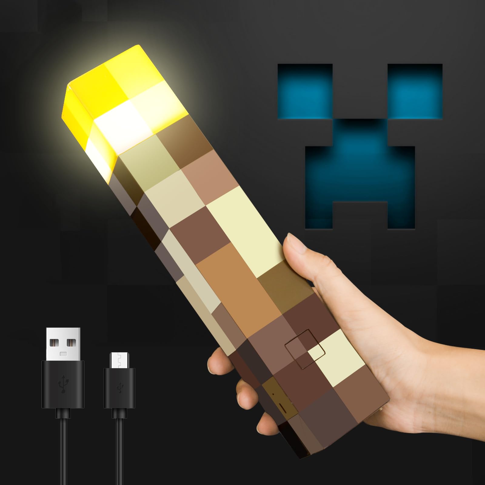 Reoyedea Pixels Brownstone Torch Light For Mounts To The Wall Or Hand Held Usb Rechargeable  Slow Fade Function 11-Inch Led Torch Room Decoration Perfect For Gamers Costume Cosplay Role Play