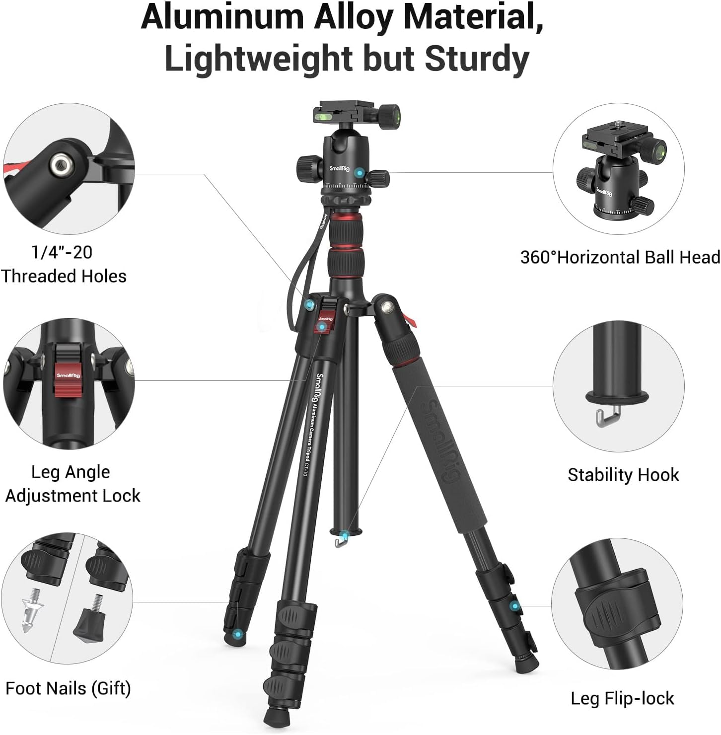 Smallrig Ct-20 Camera Tripod, 78.7" Foldable Aluminum Tripod & Monopod, 360°Ball Head Detachable, Payload 33Lb (200Cm/78.7")