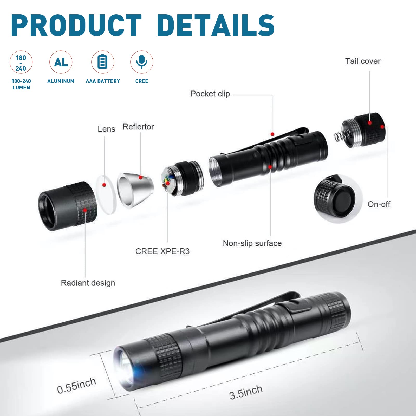 Yafiygi Mini Led Flashlights High Lumens Outdoor Small Tactical Flashlight Glow In The Dark 3.55 Inch Handheld Pen Light Clip For Camping Emergency Inspection Repair Battery Powered