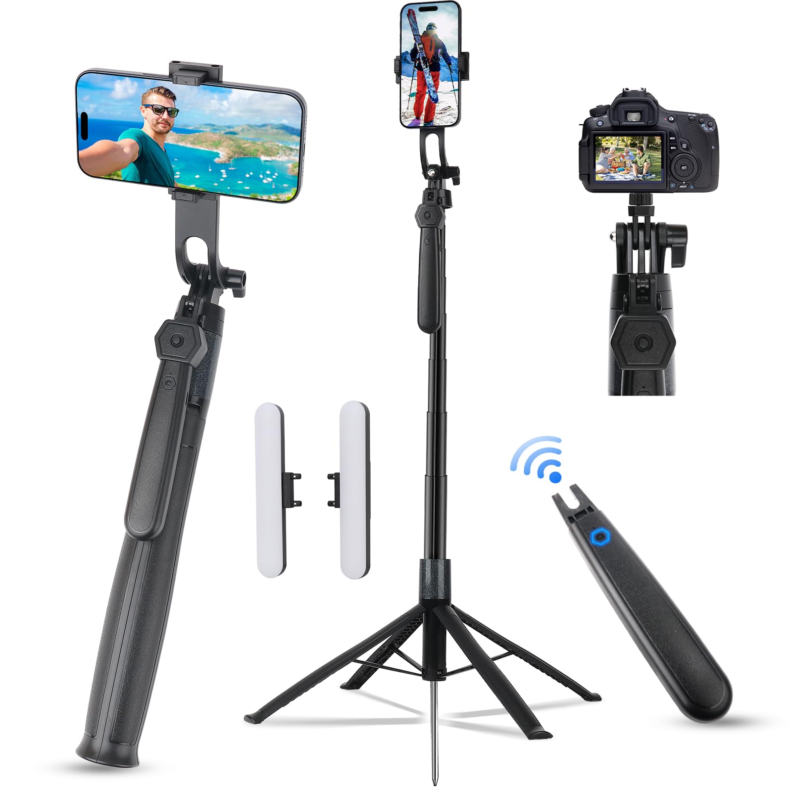 Ikaufen 71" Iphone Tripod With Ground Spike,5-Speed Adjustable Fill Light,Extendable Tripod For Phone Selfie Stick With Wireless Remote,Compatible With All Cell Phones/Camera/Gopro